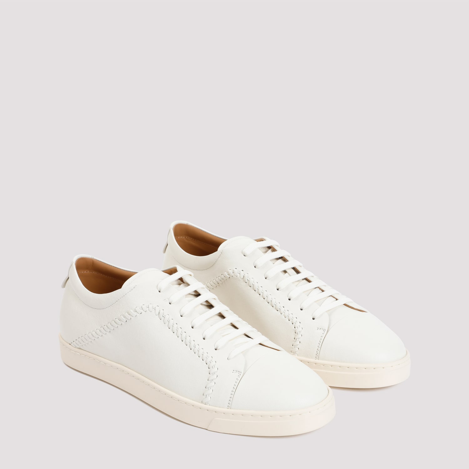 Shop Giorgio Armani Lamb Leather Sneakers In Panna Panna