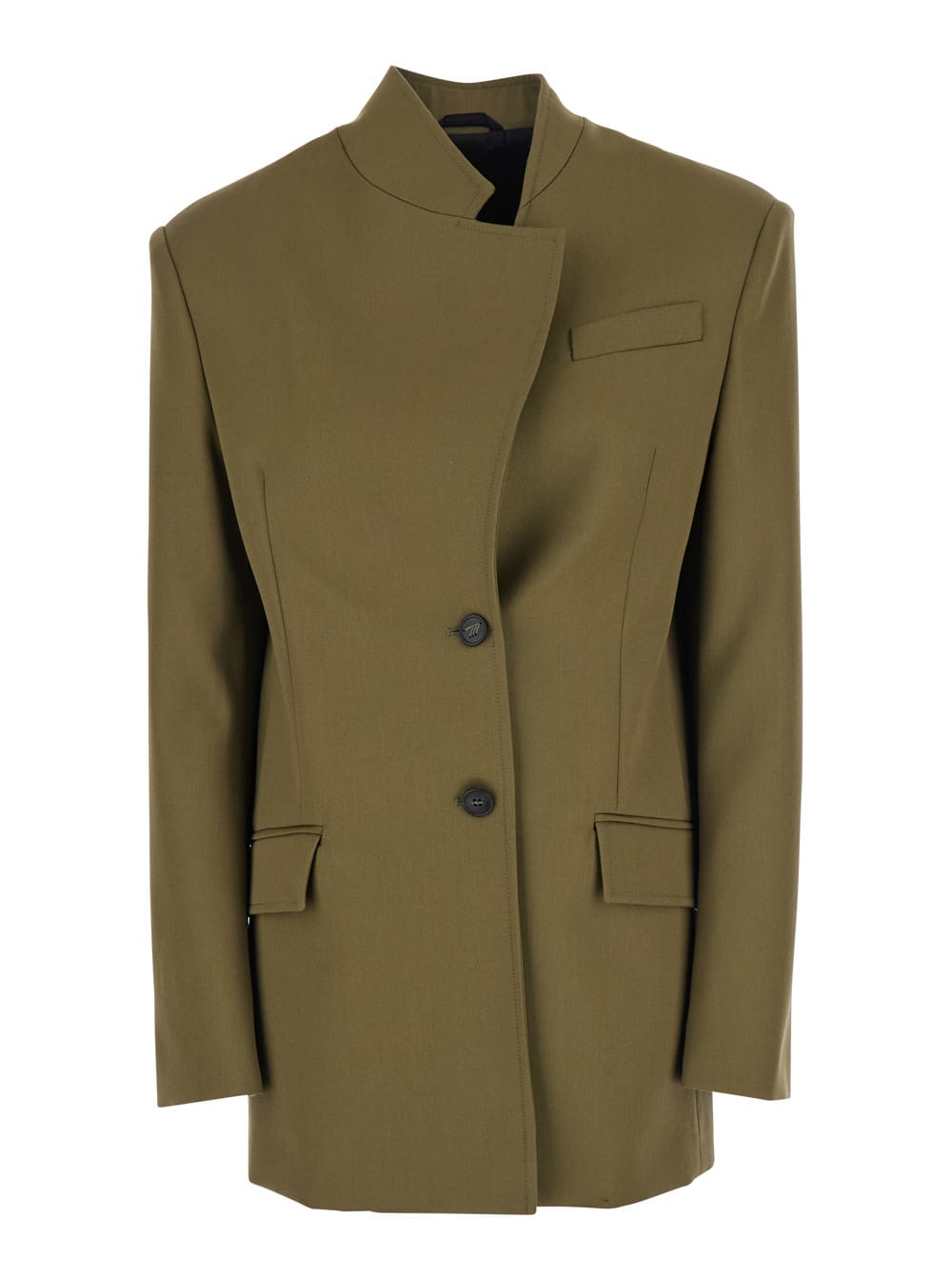 Green Jacket With Asymmetric Closure On The Front In Wool Woman
