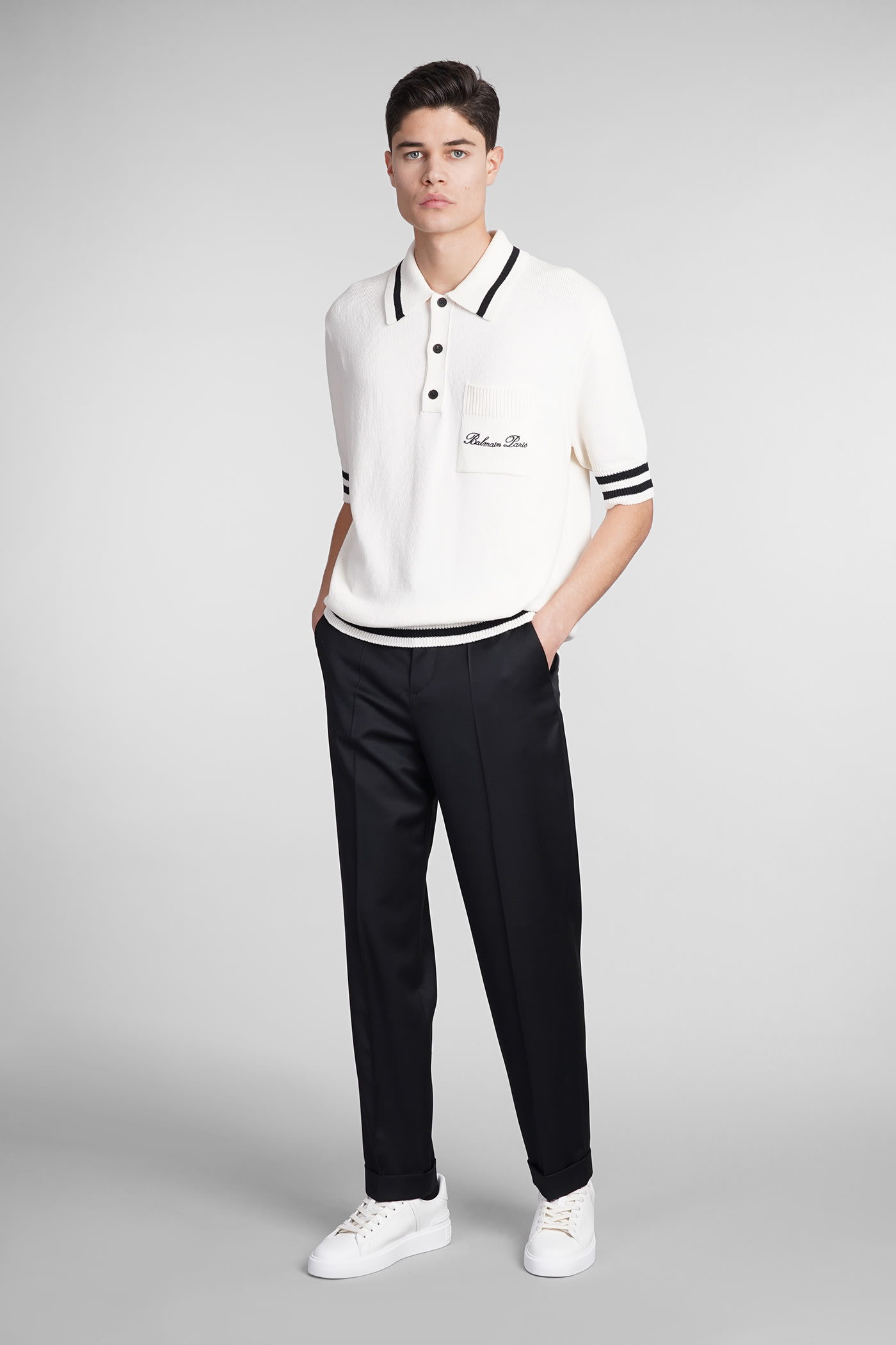 Shop Balmain Polo In Beige Wool And Polyester