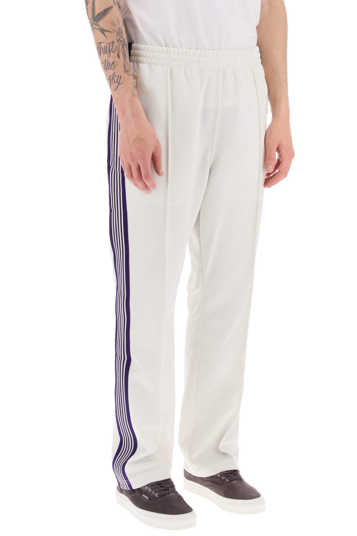 Narrow Track Pants With Side Bands In White,purple