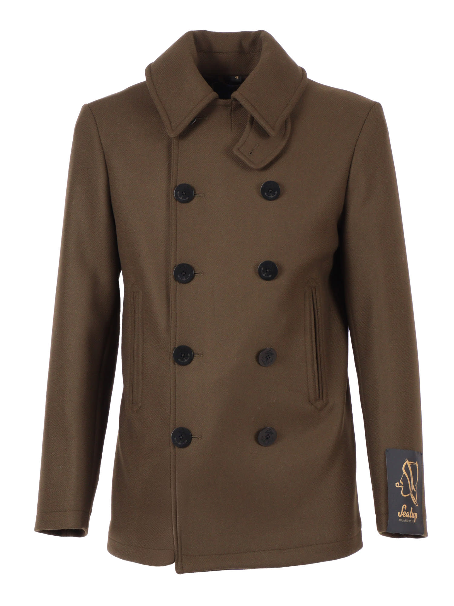 Sealup Structured Wool-polyamide Blend Peacoat With Anchor Buttons In Green