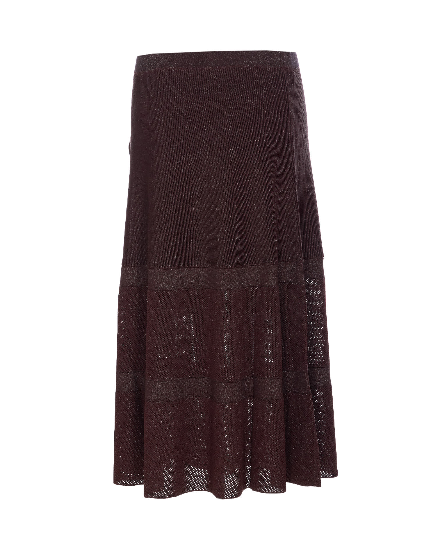 Elisabetta Franchi Ribbed Texture Midi Skirt With Sheer Panels In Brown