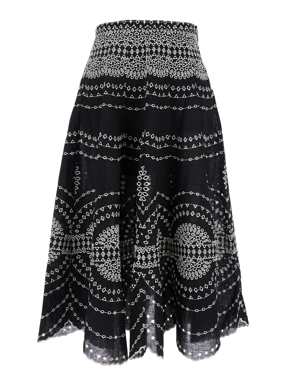 livvy Black Midi Skirt With Scallop Hem And All-over Embroidery In Cotton Nad Linen Blend Woman