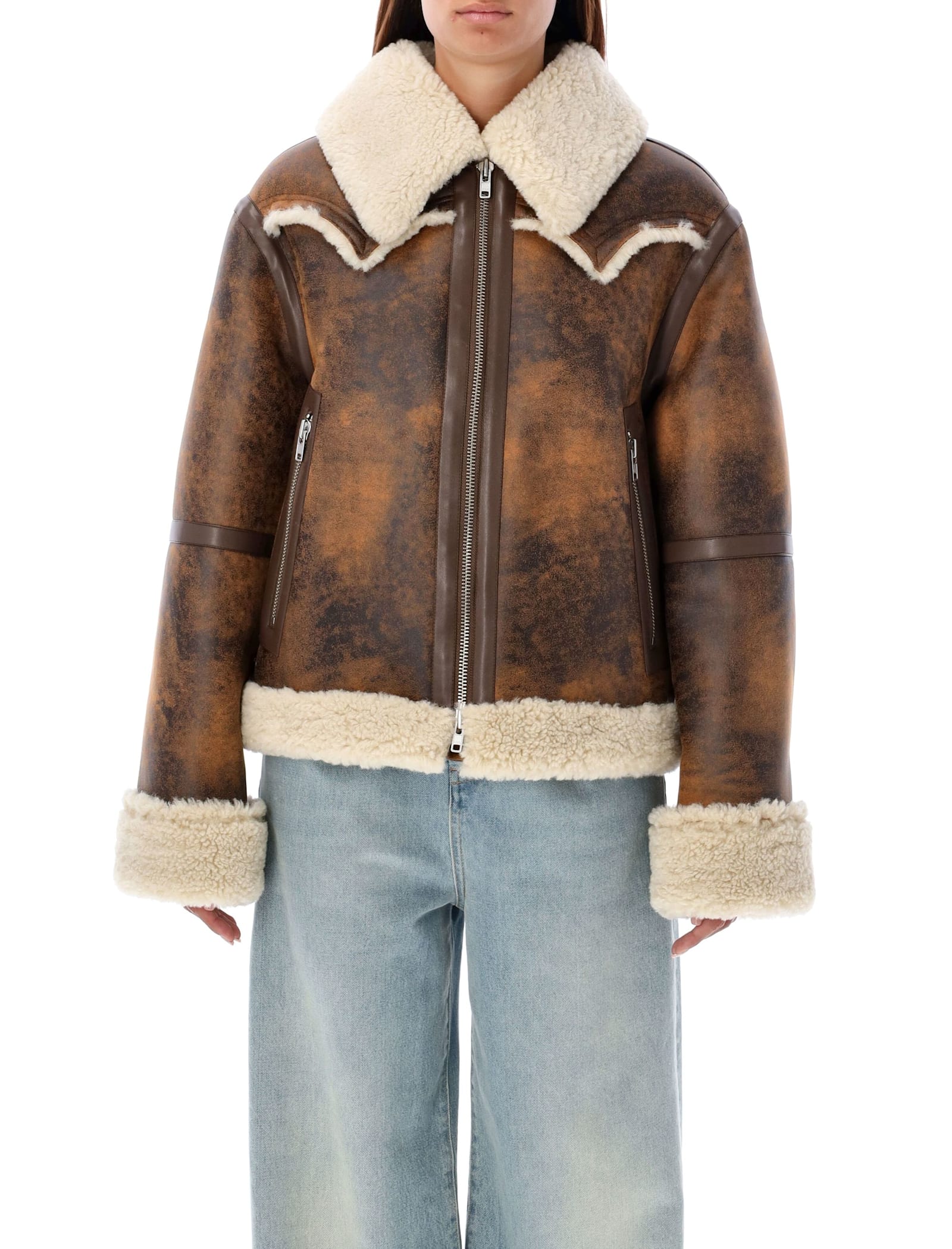 Shop Stand Studio Eco Shearling Aviator Jacket In Brown Old