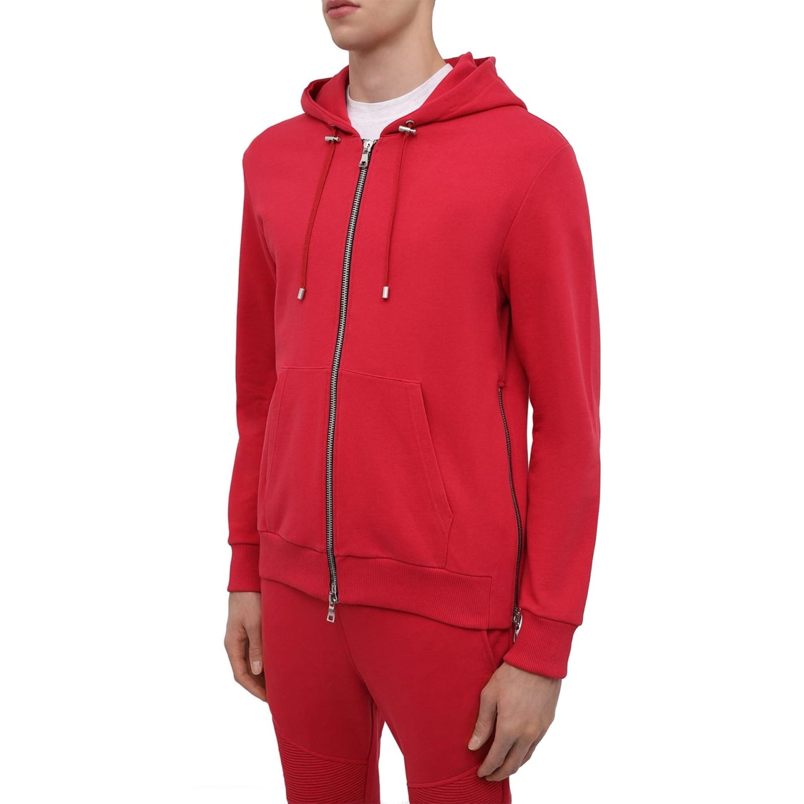 Shop Balmain Hooded Zipped Sweatshirt In Red
