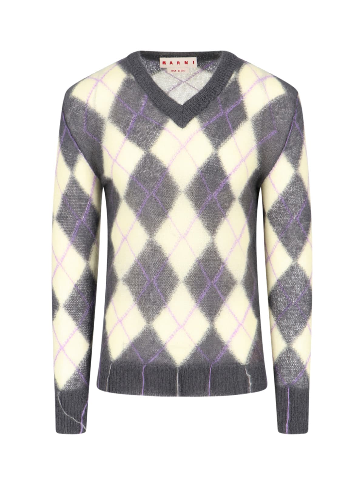 Marni Mens Endive Argyle-pattern V-neck Wool-blend Jumper In Crema