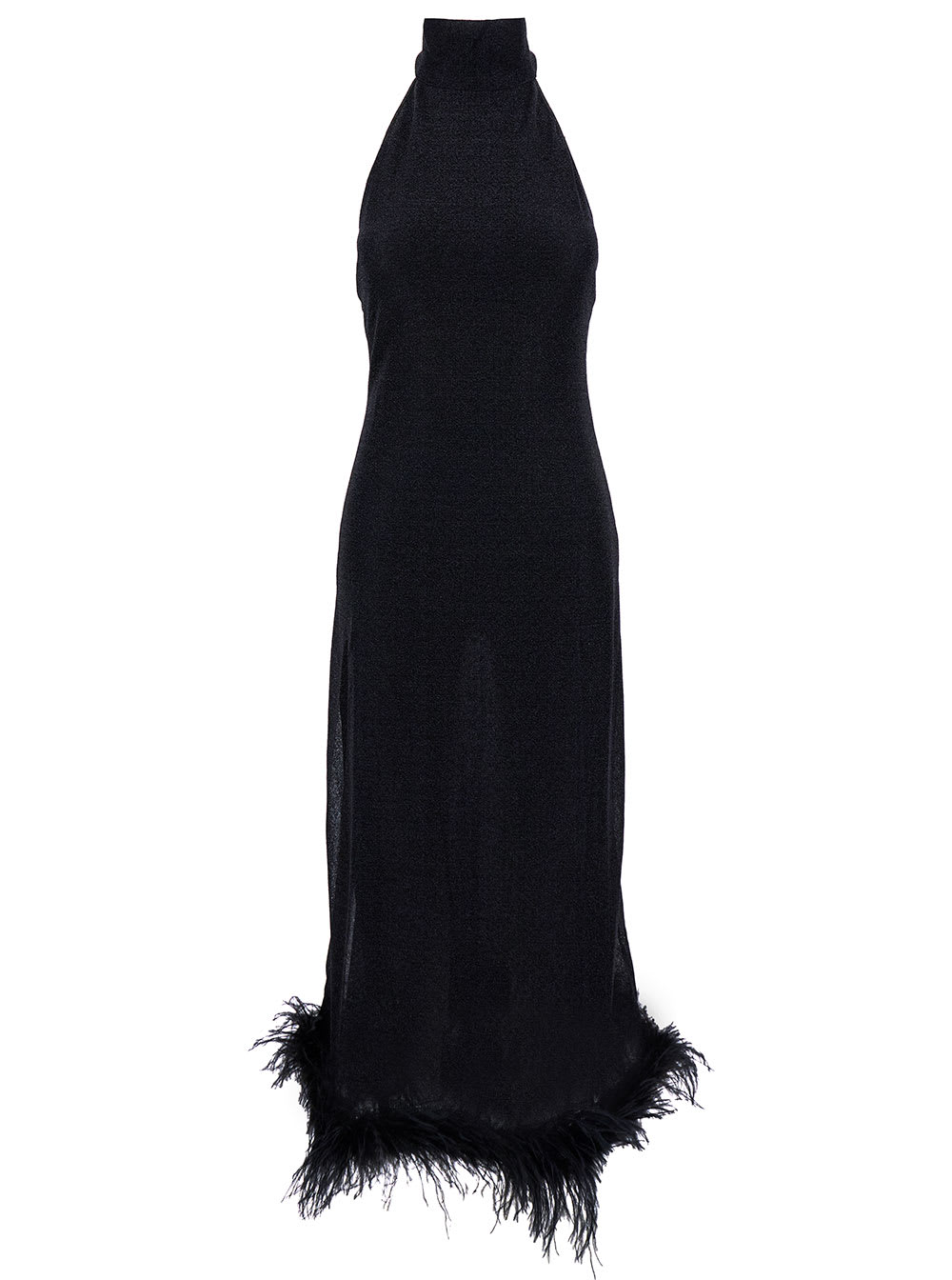 Shop Oseree Long Black Dress With High Neck And Feathers In Lurex Woman