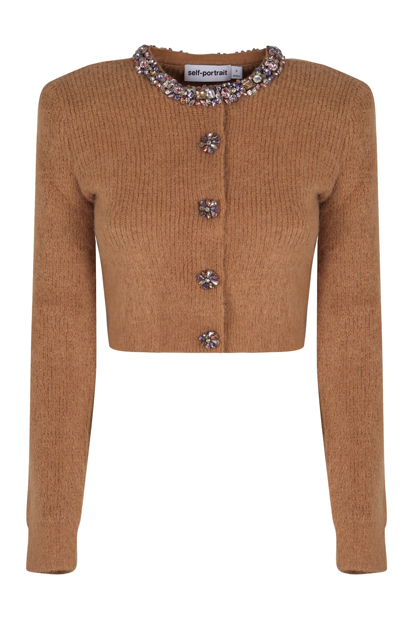 Self-portrait Cardigan In Blend Of Alpaca Wool In Brown