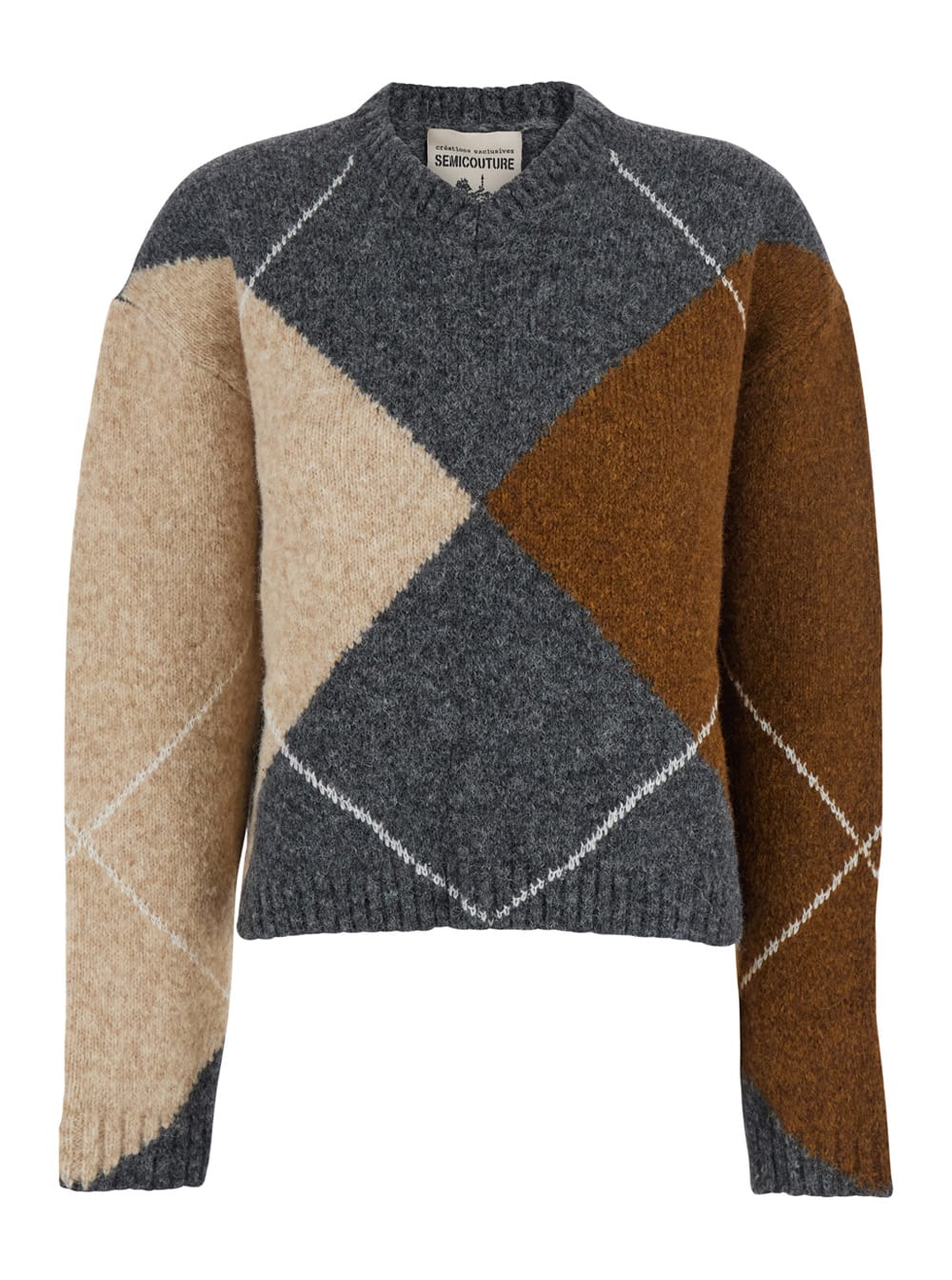 Semicouture Brown Sweater With Round Neck And All-over Argyle Motif In Wool Blend Woman In Brown