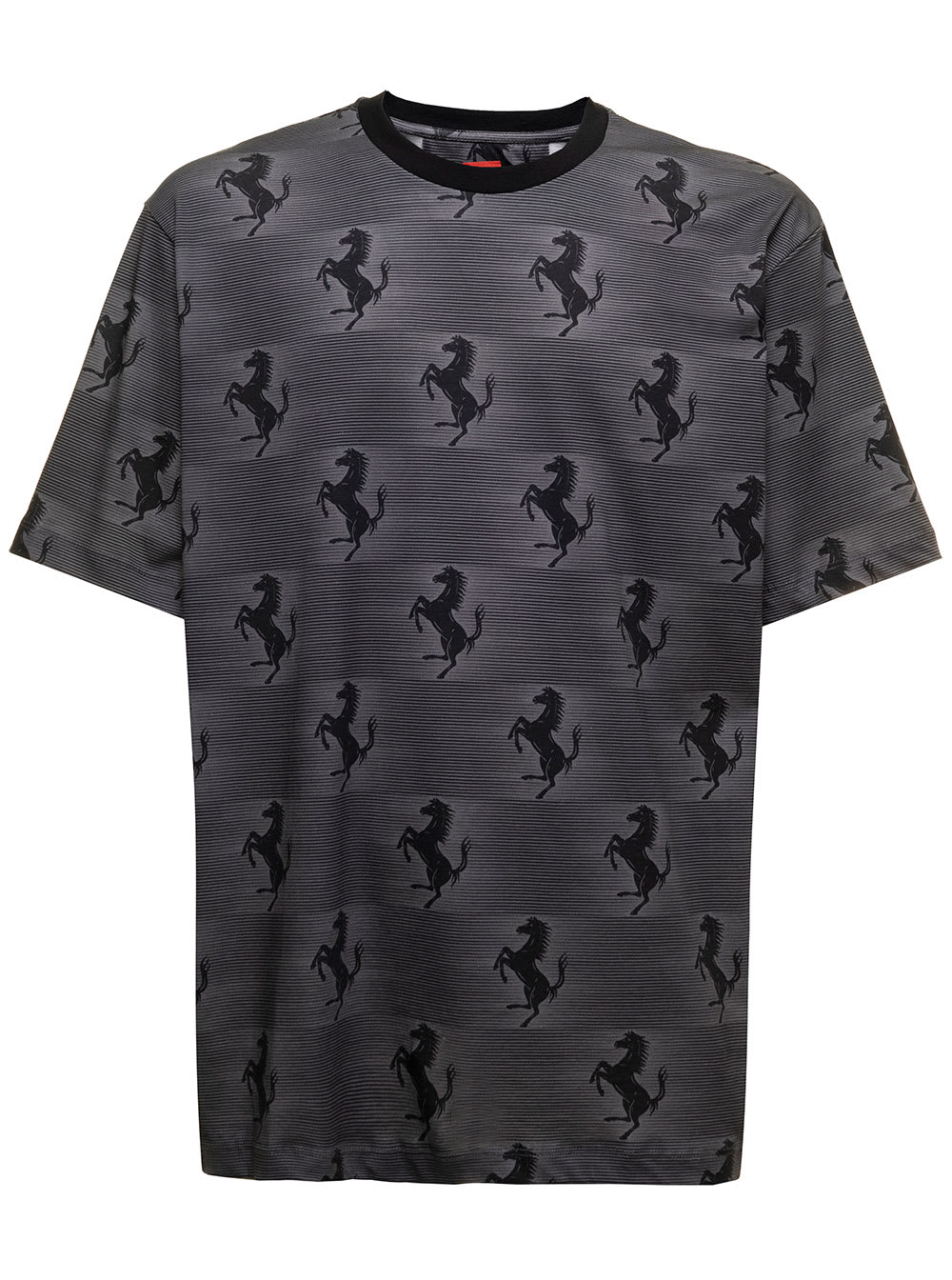 FERRARI BLACK AND GREY T-SHIRT IN JERSEY COTTON WITH ALLOVER PRINTED PRANCING HORSE AND STRIPES PATTERN FERR
