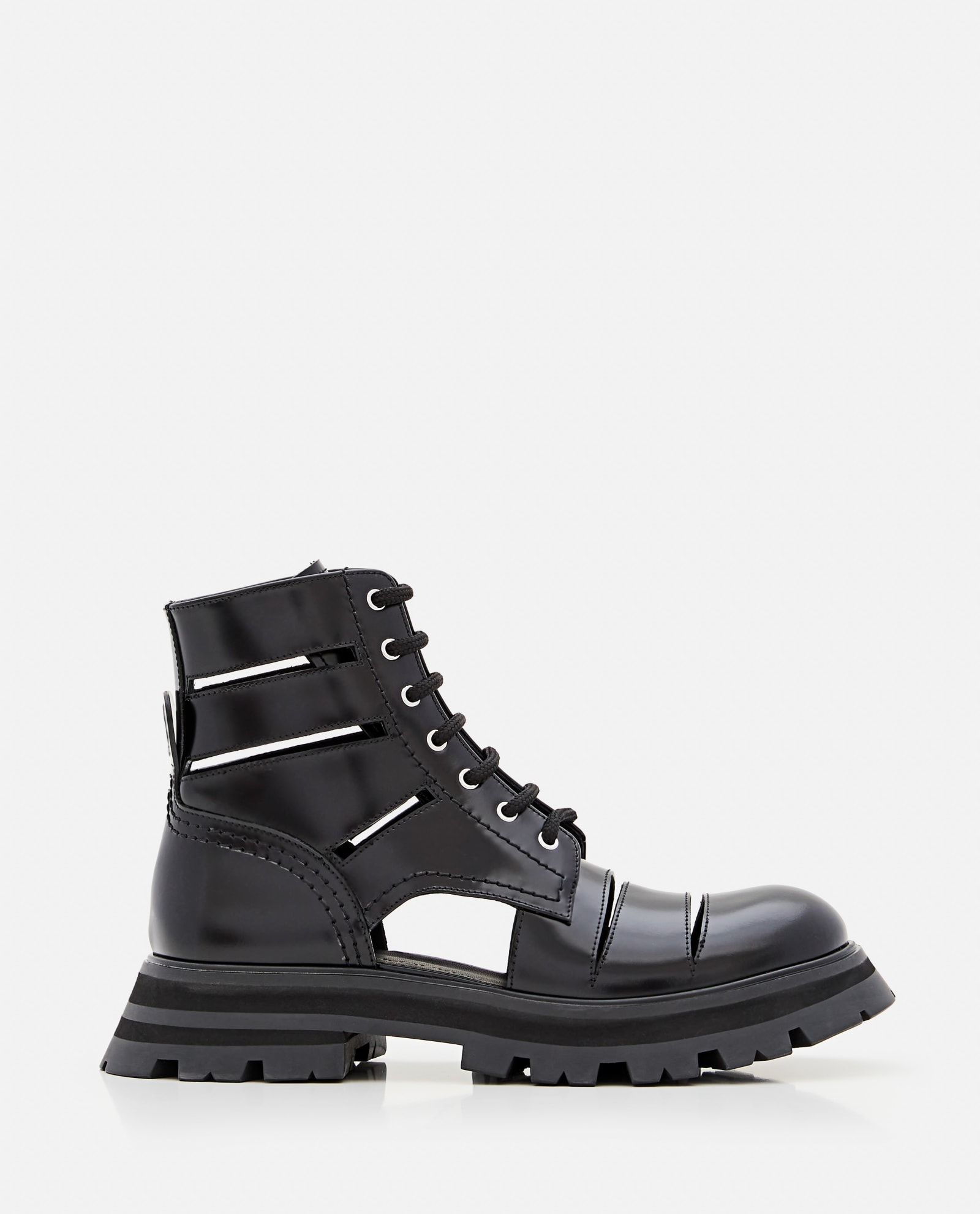 ALEXANDER MCQUEEN 45MM PATENT LEATHER BOOTS WITH CUTOUTS
