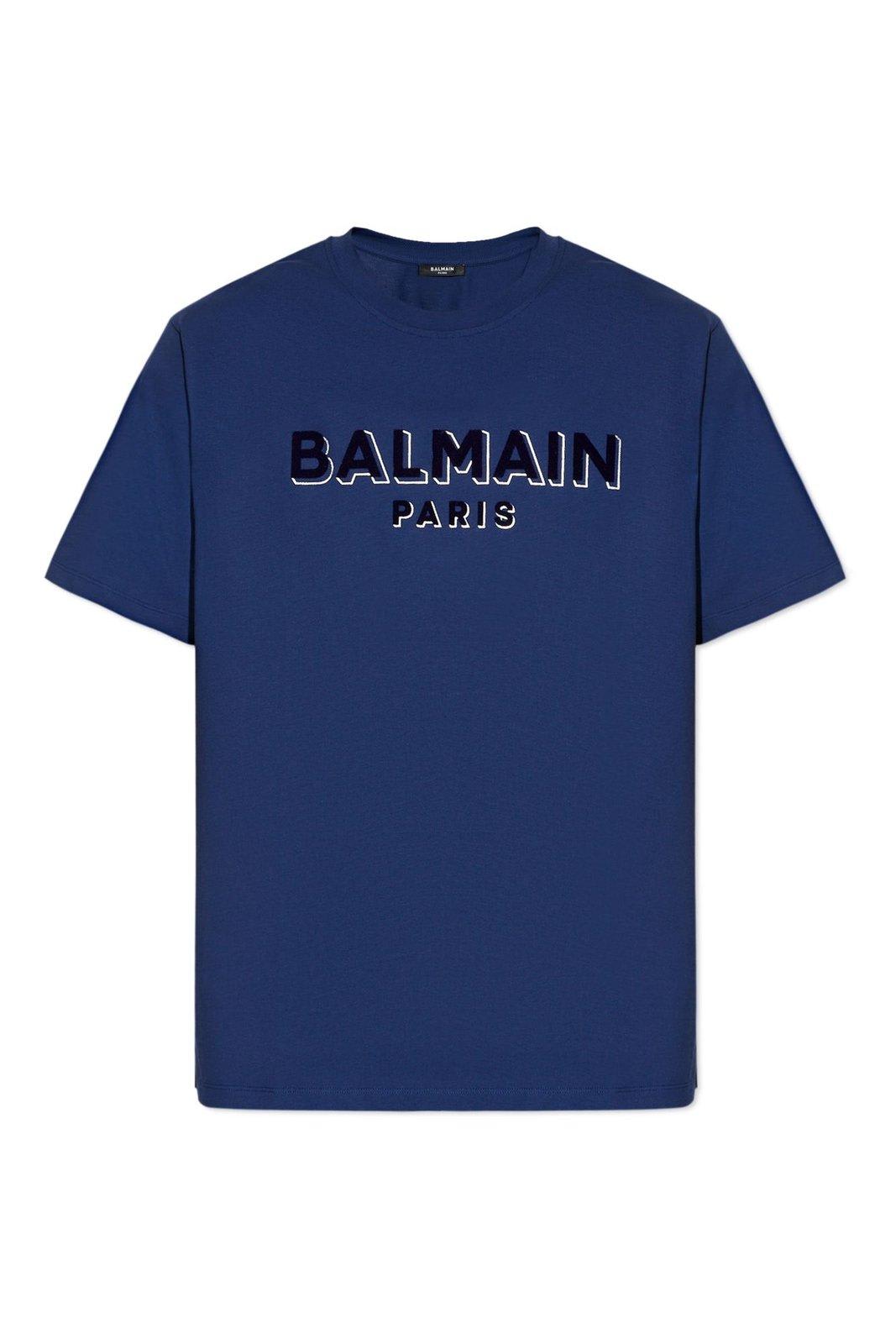 Shop Balmain Logo Printed Crewneck T-shirt In Blue