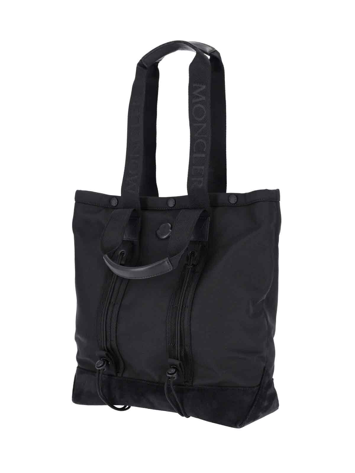 Moncler Compact Black Water-repellent Tote With Leather Accents And Jacquard Logo In Black