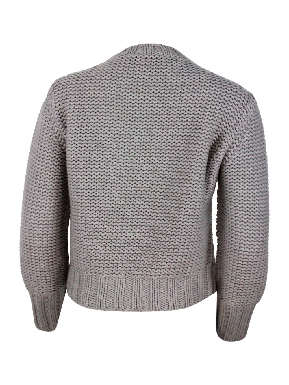 Shop Fabiana Filippi Long Sleeve Crewneck Sweater In 100% Soft Virgin Wool With Cable Knit On The Front In Grey