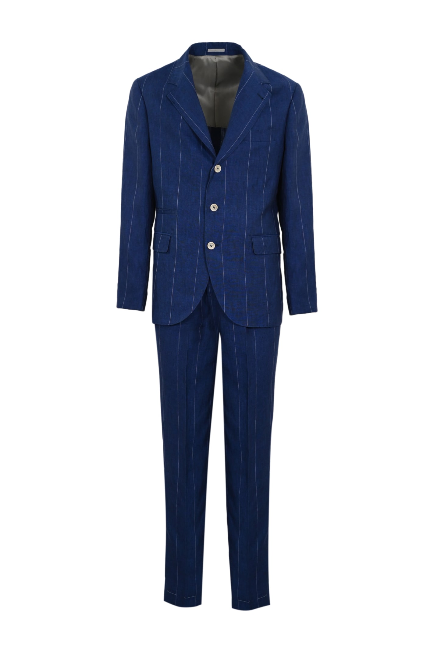 Shop Brunello Cucinelli Pinstriped Linen Suit In Indaco