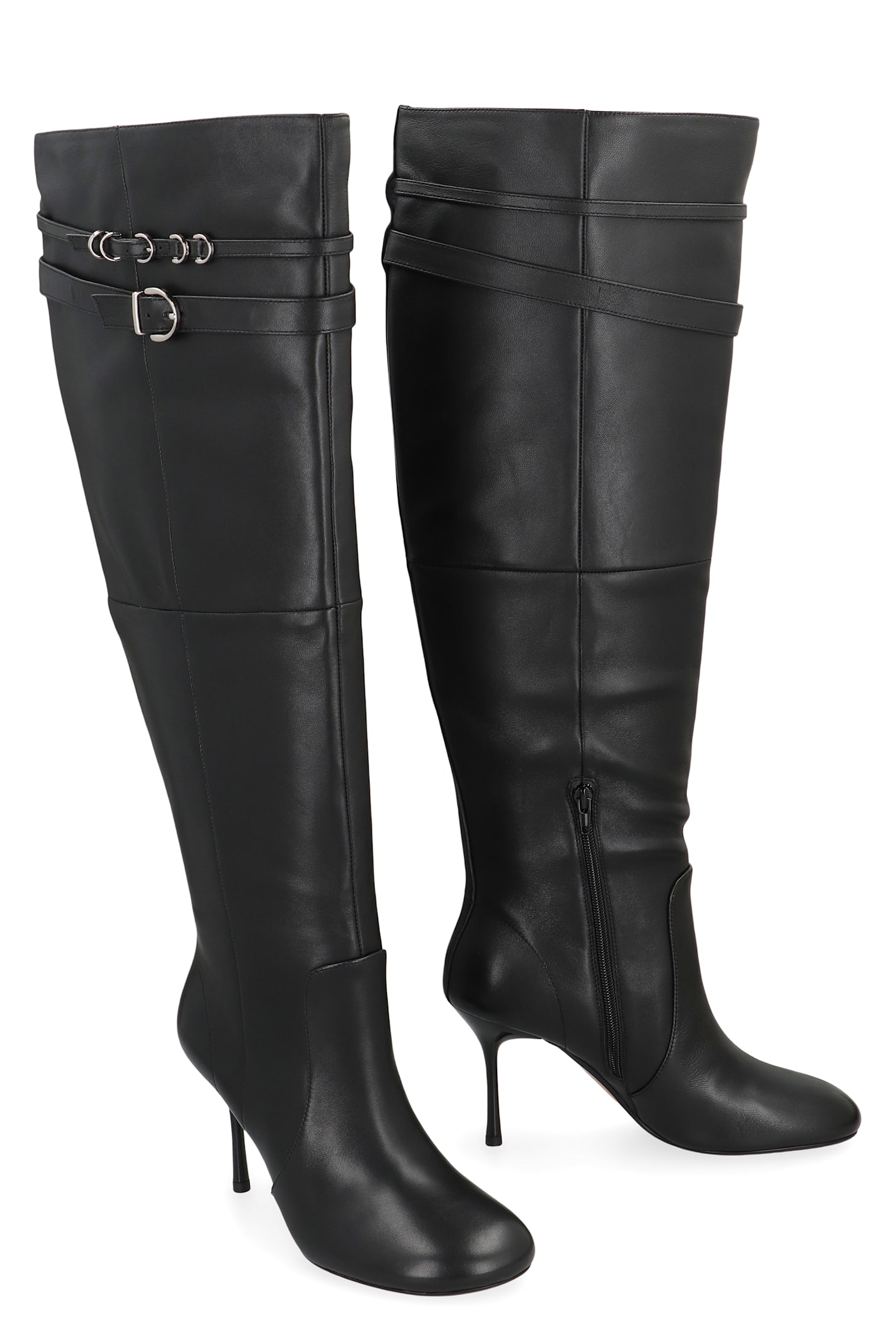 Pinko Knee-high Nappa Leather Boots With Heel And Strap In Black