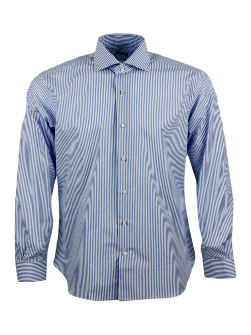 Slim Fit Loose-fit Shirt In Fine Stretch Cotton, Italian Collar, Hand-stitched Black Label And Mother-of-pearl Buttons