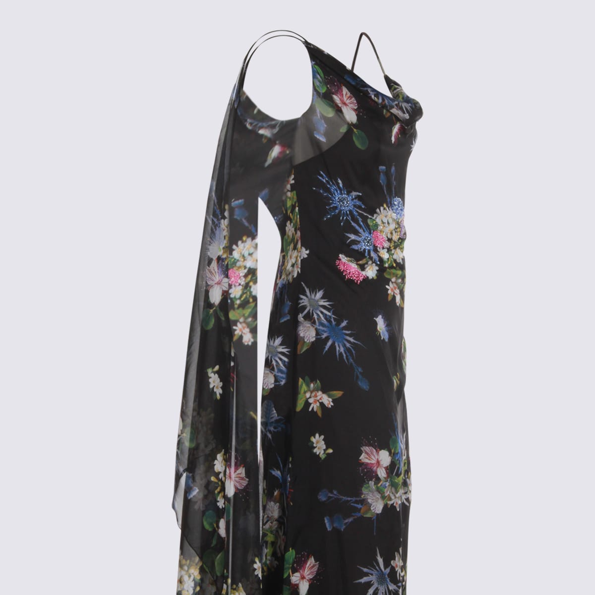 Blumarine Floral Asymmetric Sheer Spaghetti Strap Dress In Multi