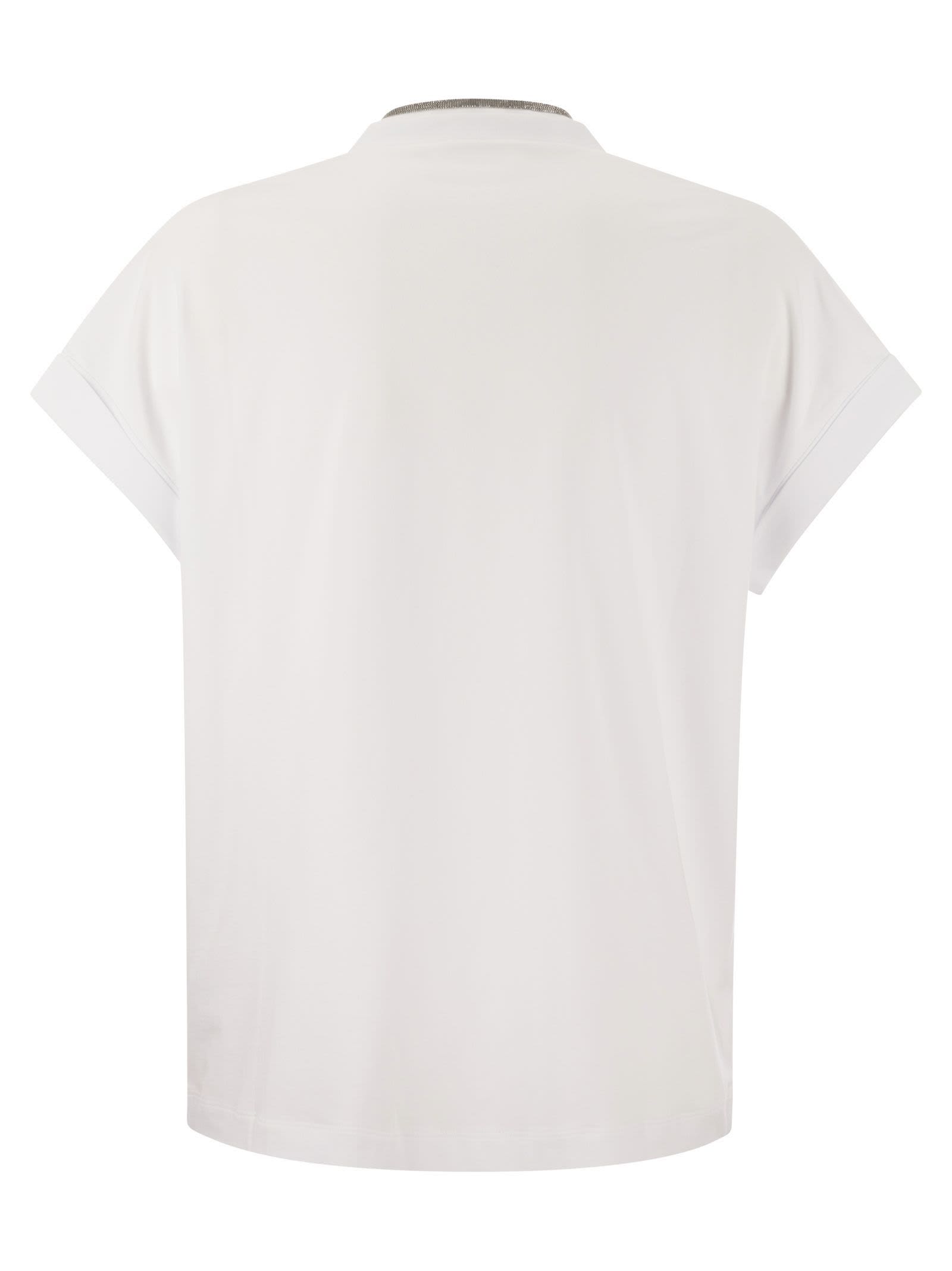 Shop Brunello Cucinelli Stretch Cotton Jersey T-shirt With Precious Neckline In White