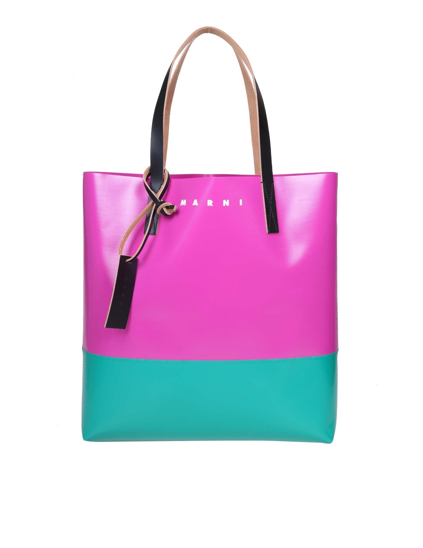 Marni Shopping Bag In Leather And Cellulose Color Green And Fuchsia