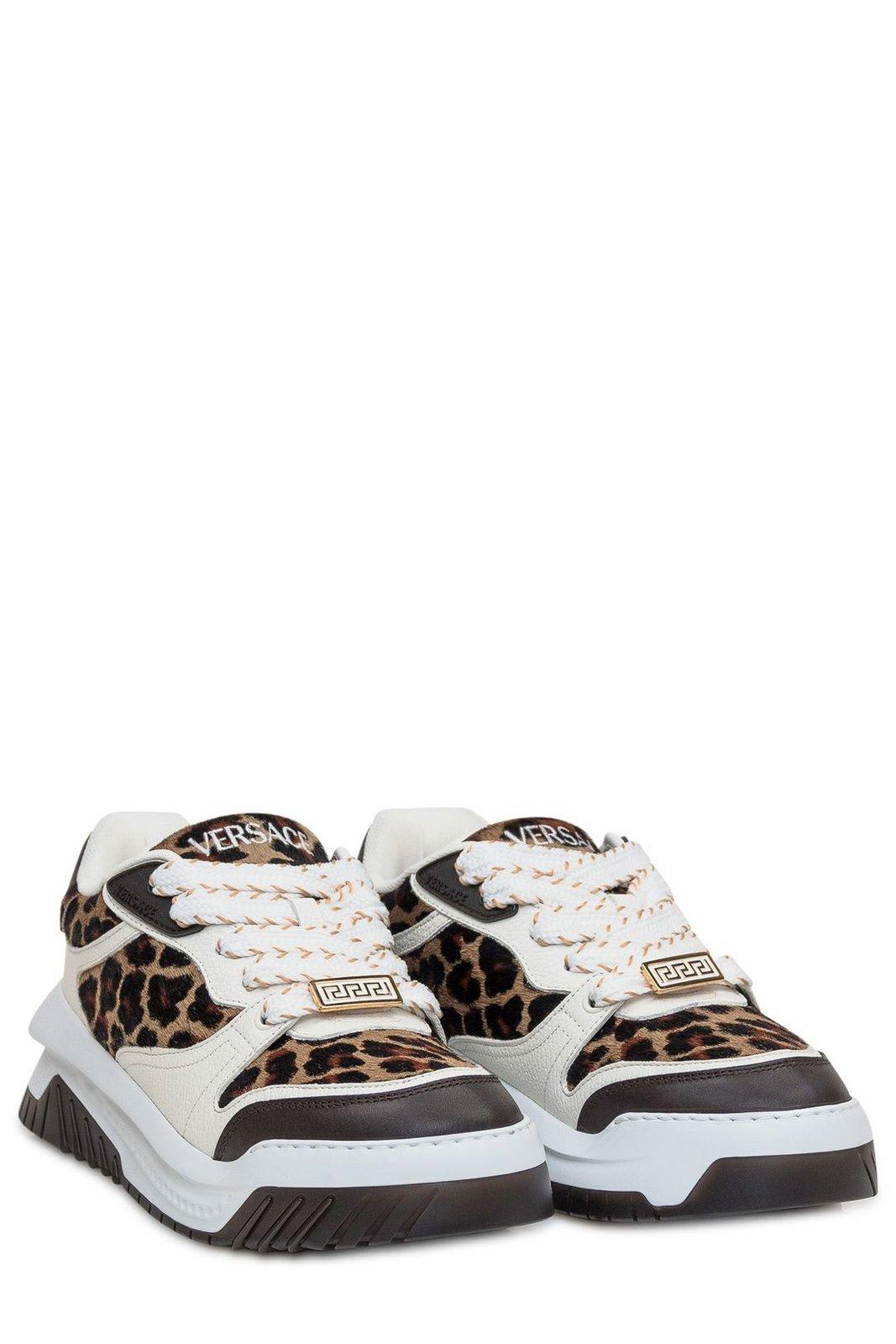 Shop Versace Odissea Leopard-printed Lace-up Sneakers In Brown