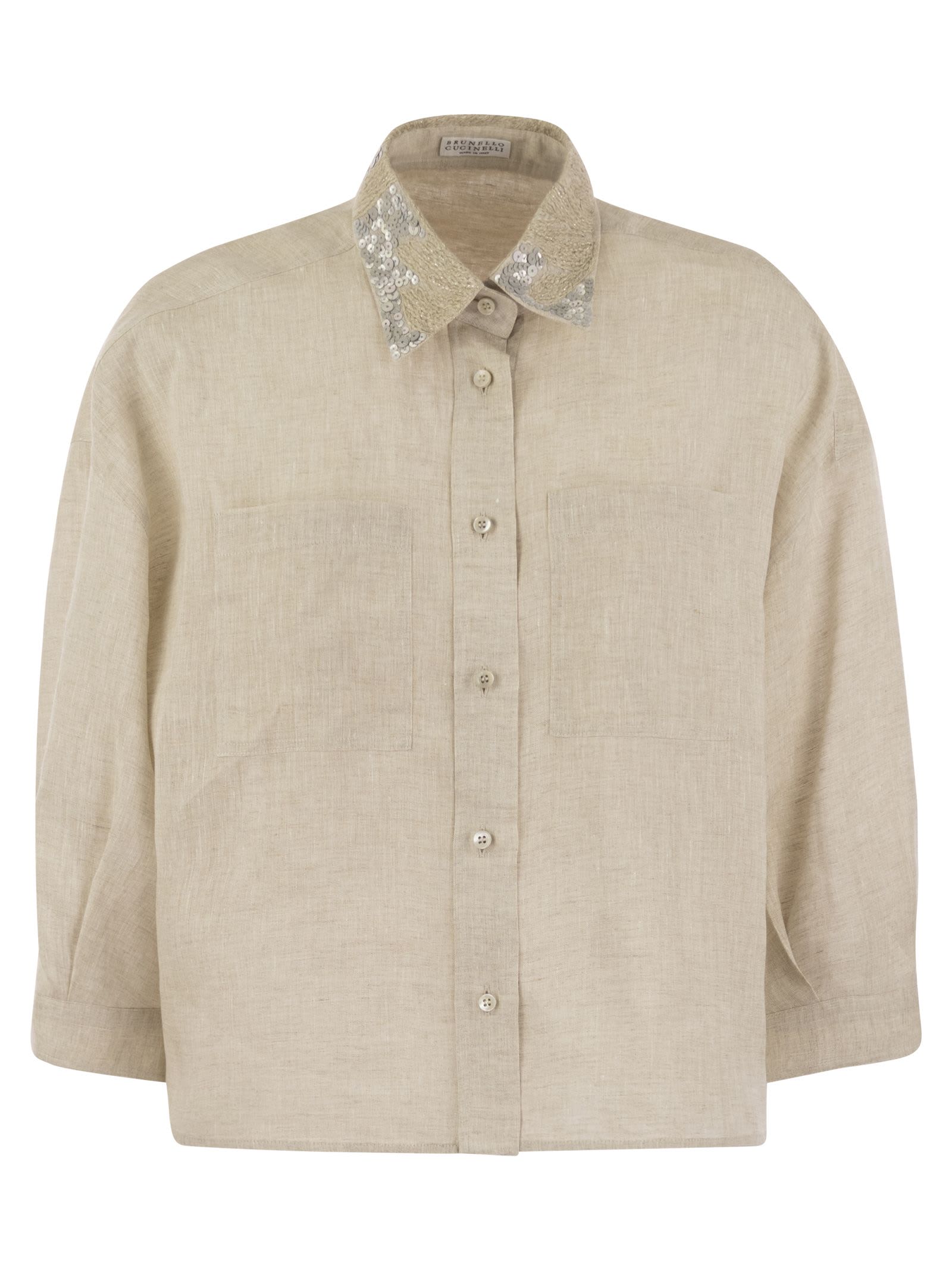 Shop Brunello Cucinelli Linen Linen Shirt With Dazzling Magnolia Collar In Neutrals