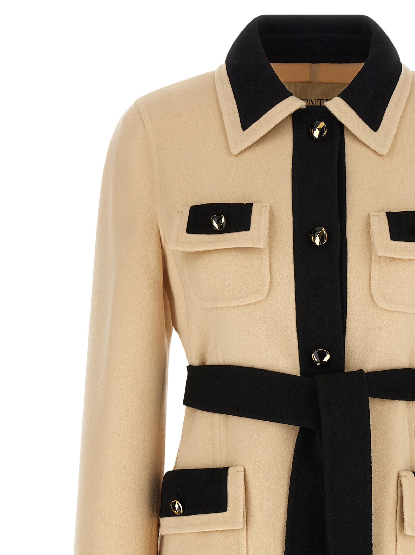 Valentino Wool Coat With Belted Waist And Contrast Trim In Multi