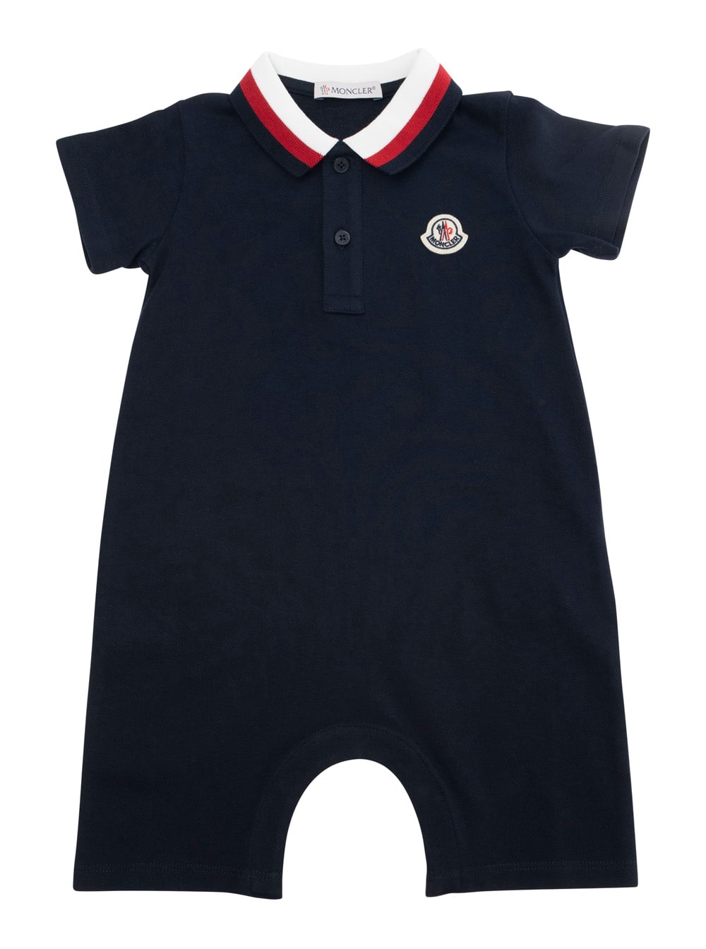 Moncler Dark Blue Romper With Contrasting Collar And Logo Patch On The Front In Cotton Baby In Blue