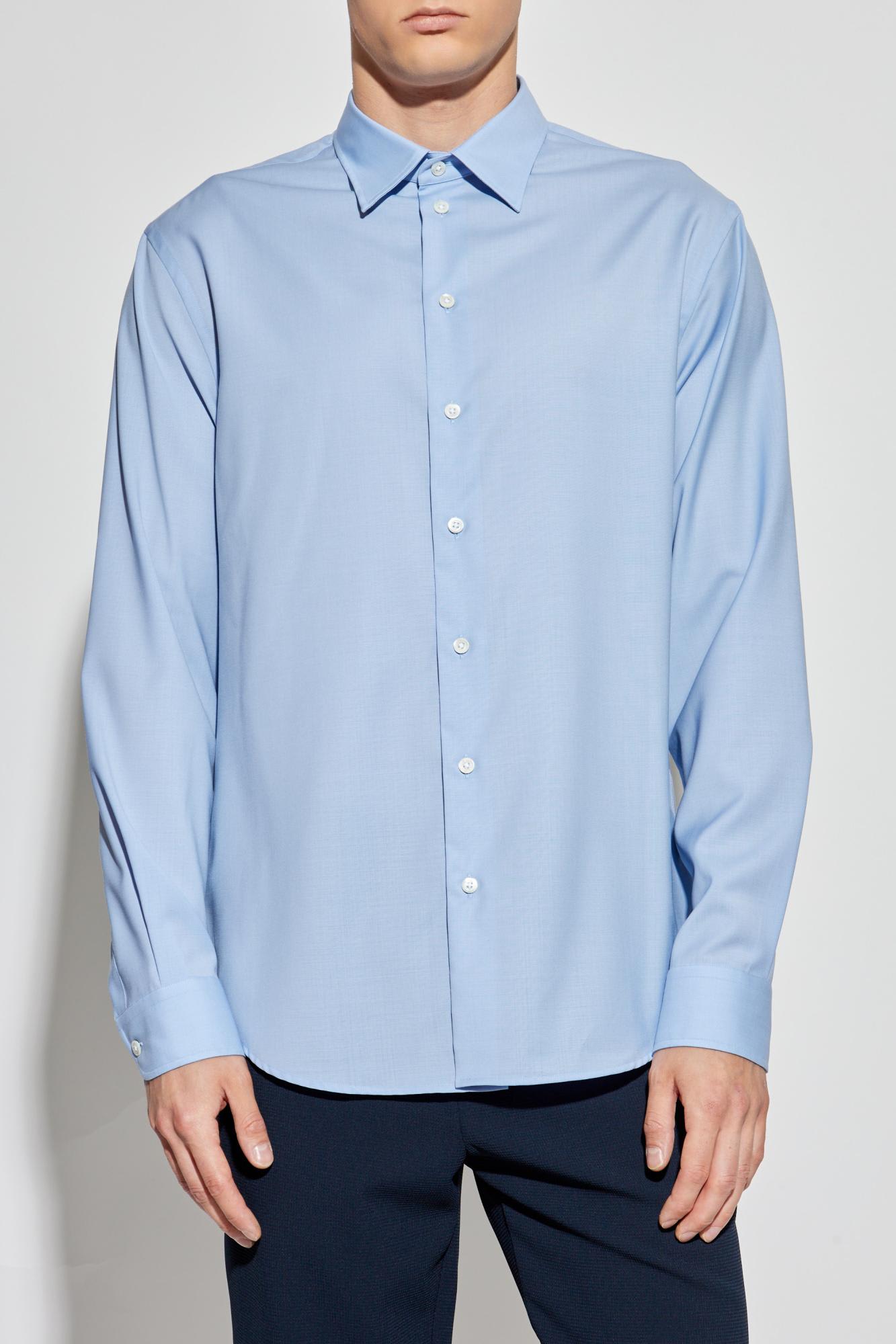 Emporio Armani Icon Shirt In Tropical Light Wool Canvas In Blue