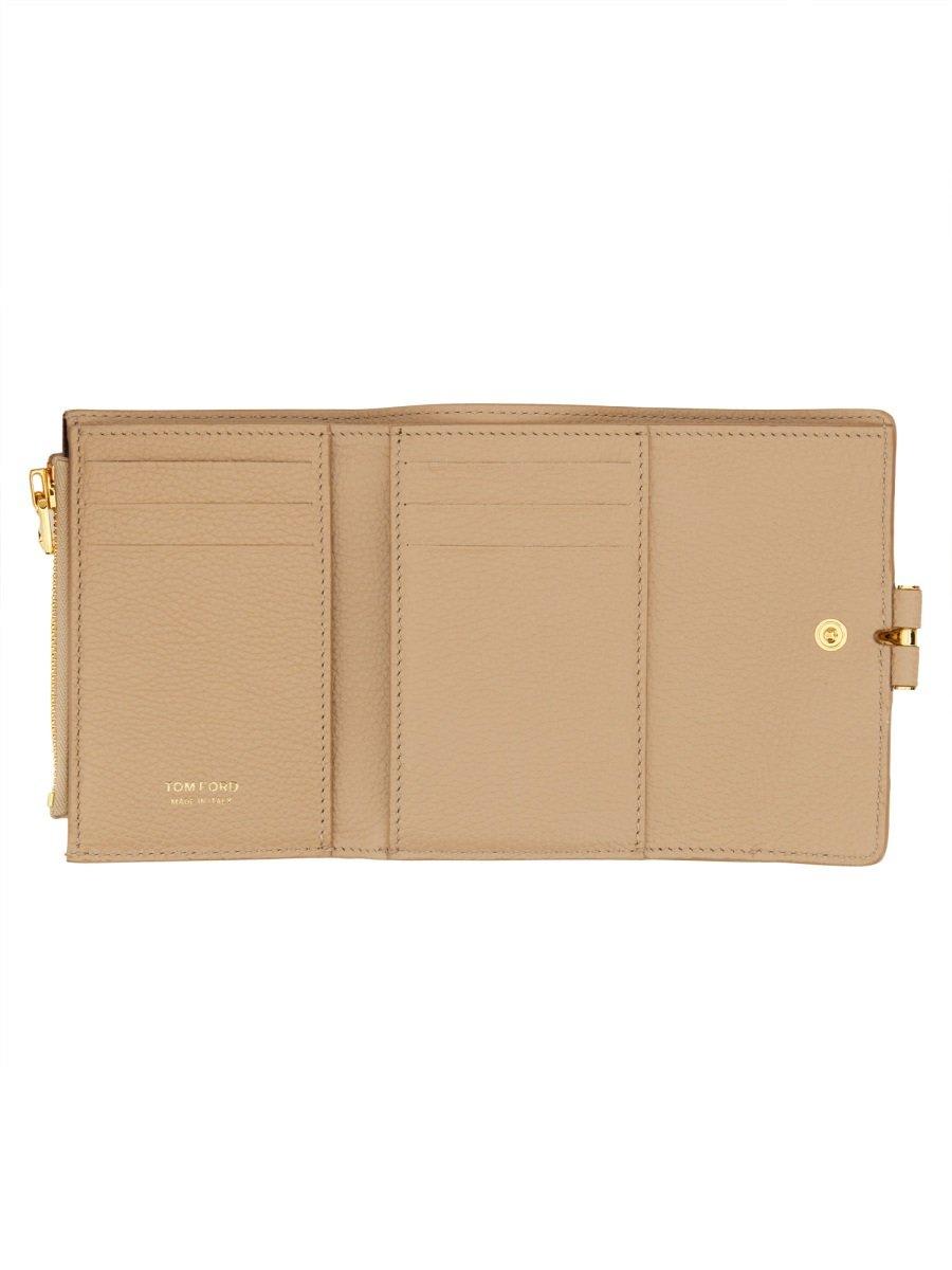 Tom Ford T Logo Plaque Tri-fold Wallet In Beige