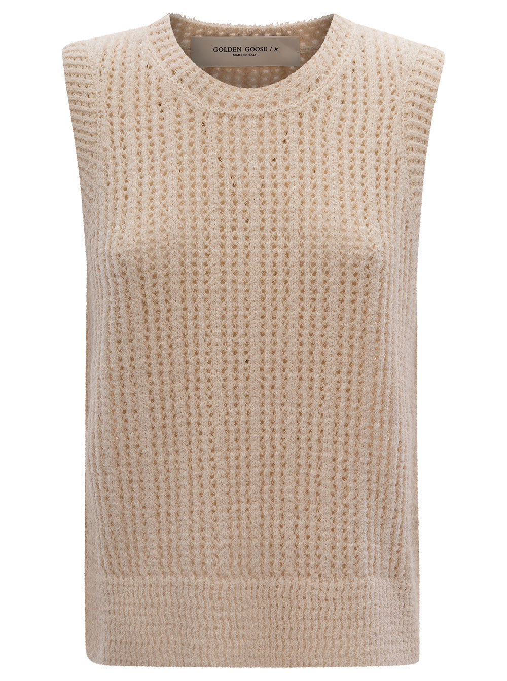 Shop Golden Goose Beige Crochet Sleeveless Top In Cotton Blend Woman