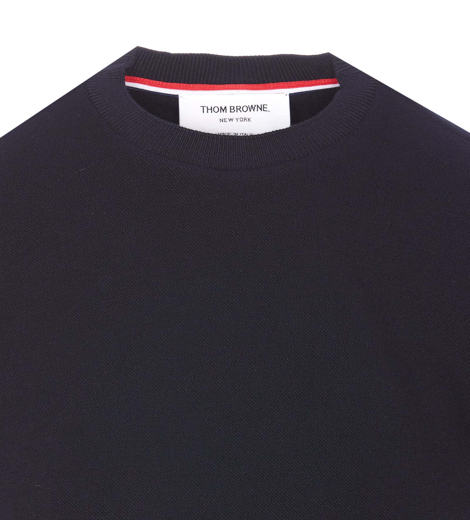 Thom Browne Navy Blue Piqué Cotton T-shirt With Tricolor Stripe In Blue