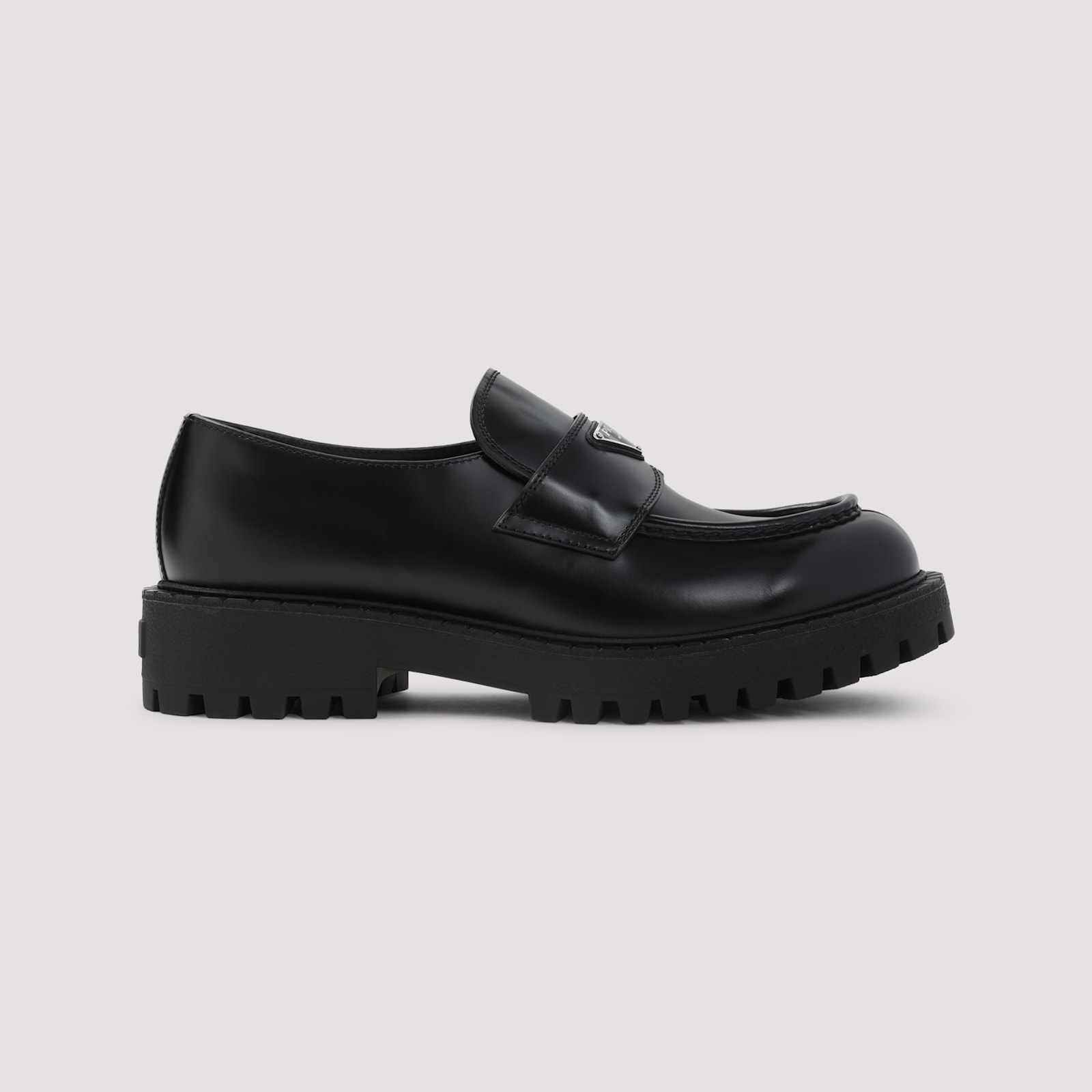 Prada Polished Black Leather Loafers With Chunky Rubber Sole In Black
