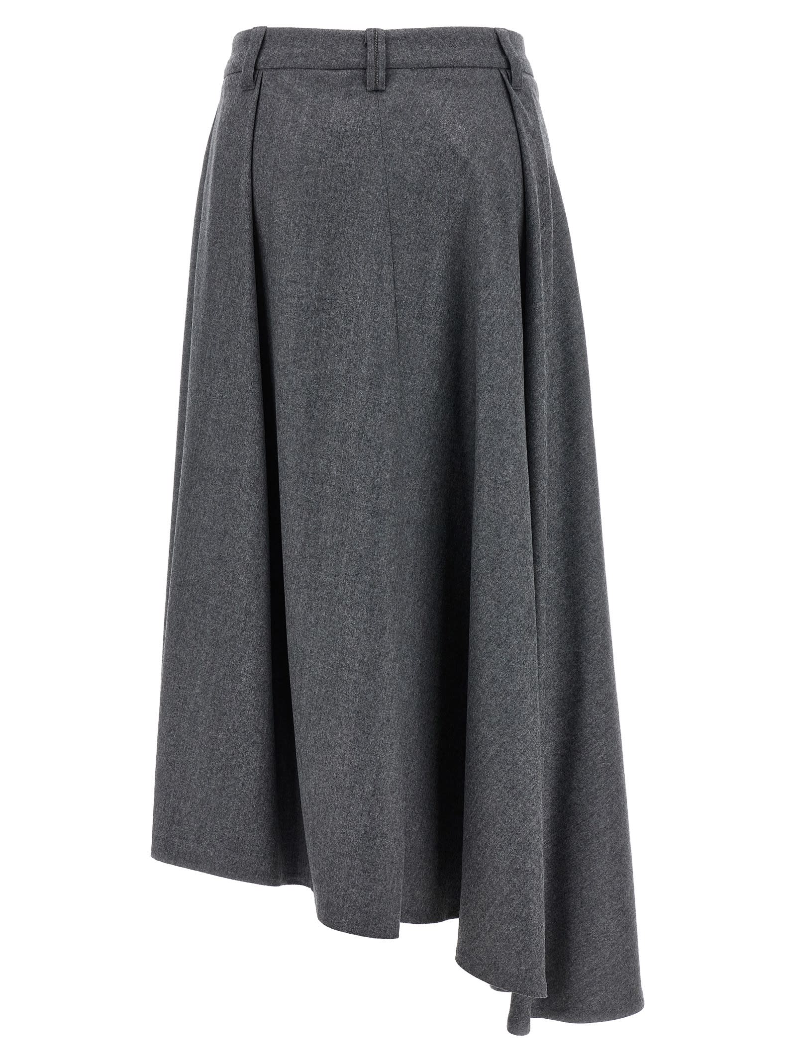 Brunello Cucinelli Wool Skirt With Asymmetrical Hem And Pleated Design In Gray