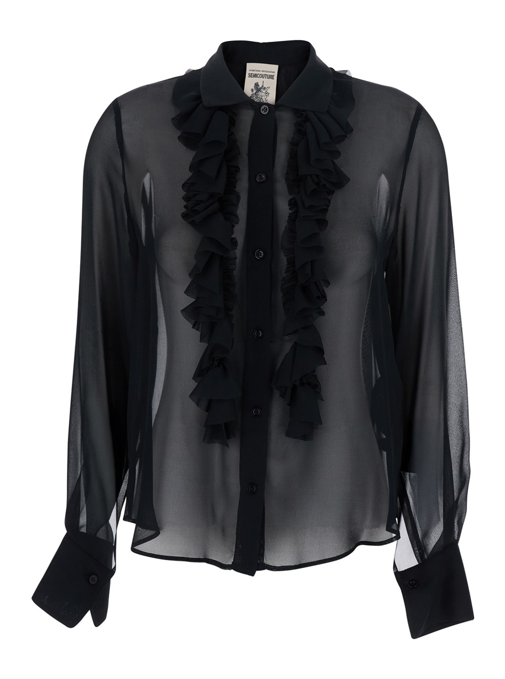 Semicouture Black Blouse With Classic Collar And Ruched Detail On The Front In Silk Blend Woman In Black