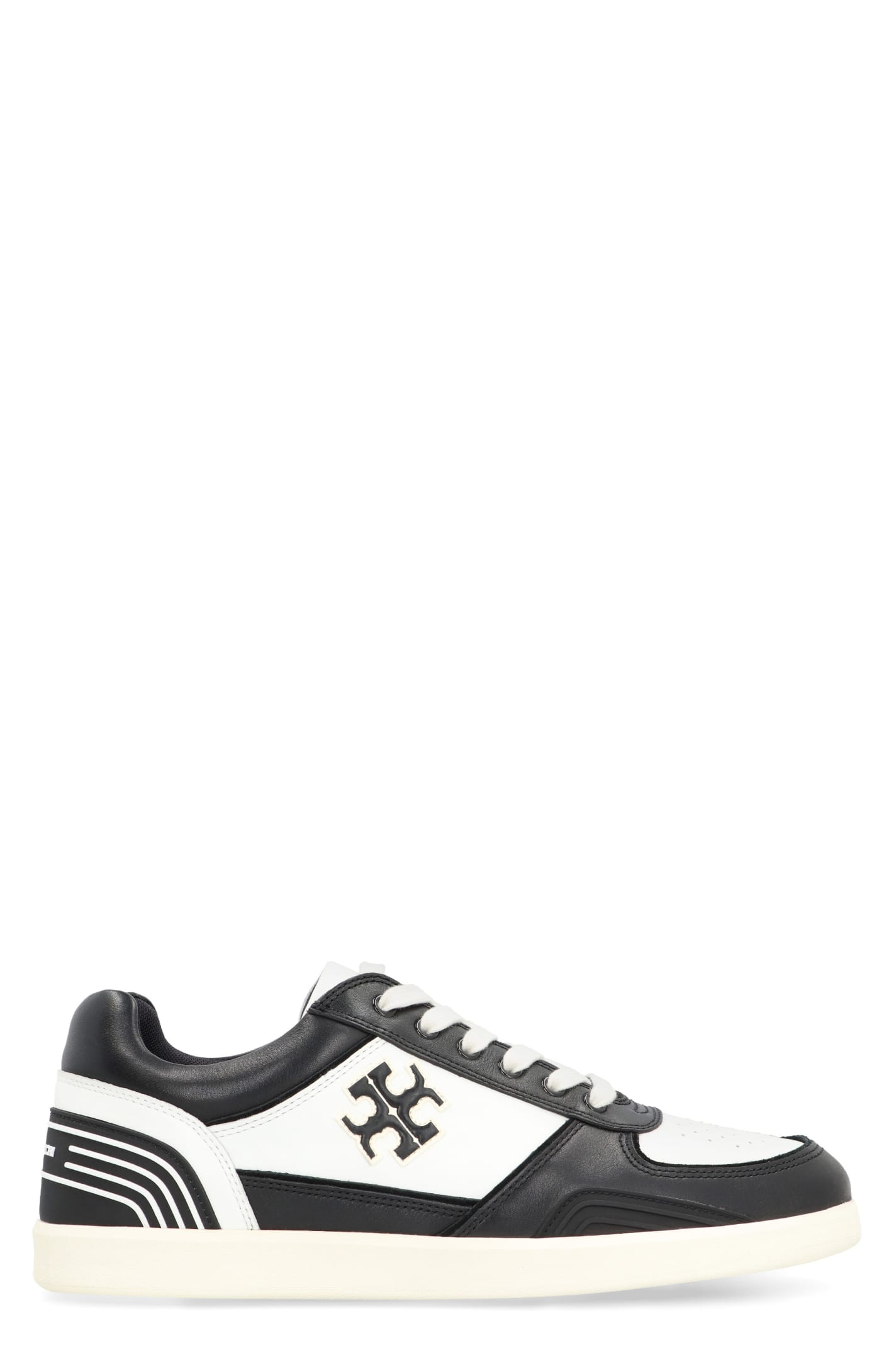 Shop Tory Burch Clover Court Leather Low-top Sneakers In Purity / Perfect Black