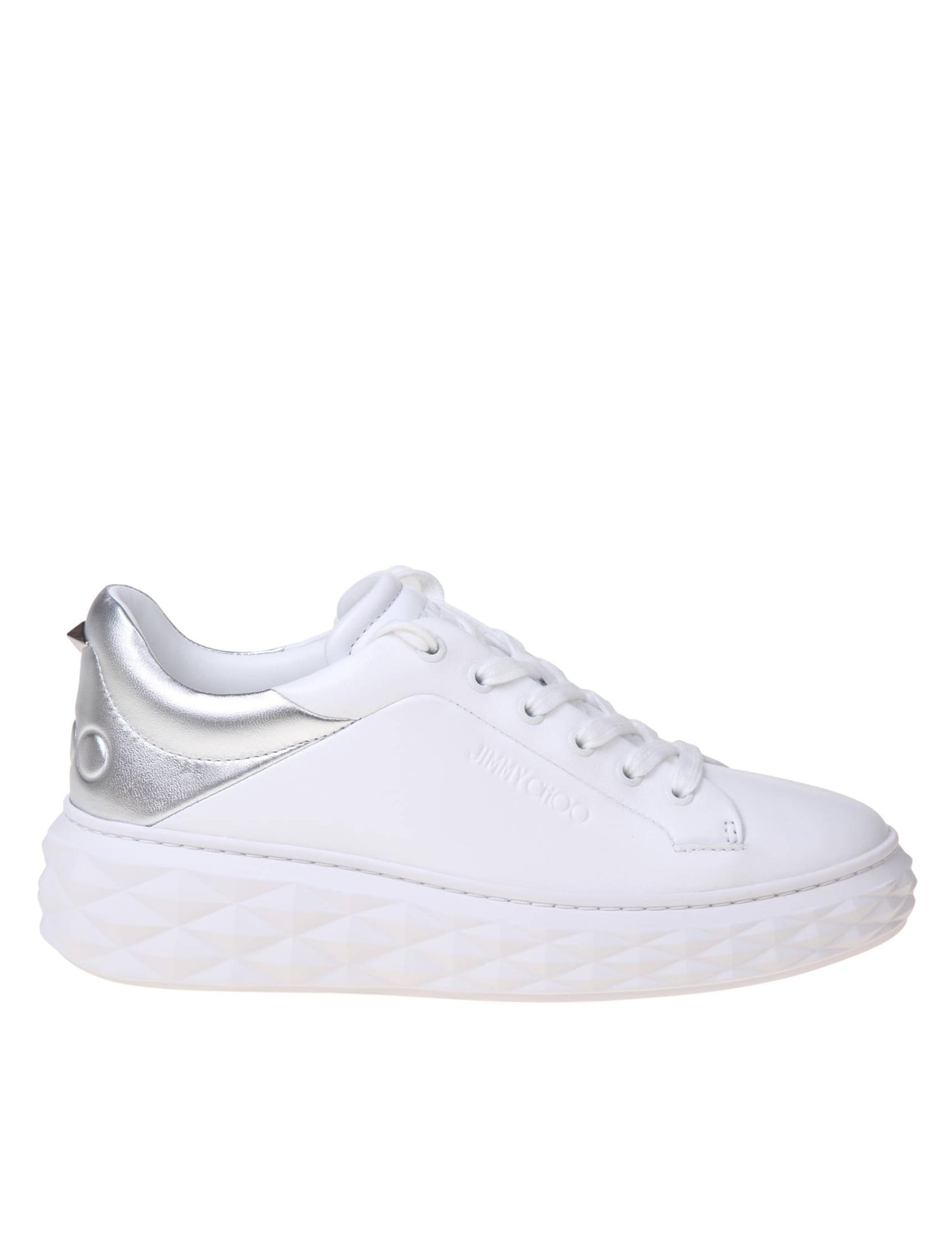 Jimmy Choo Low Top Leather Sneakers With Metallic Heel In White/silver