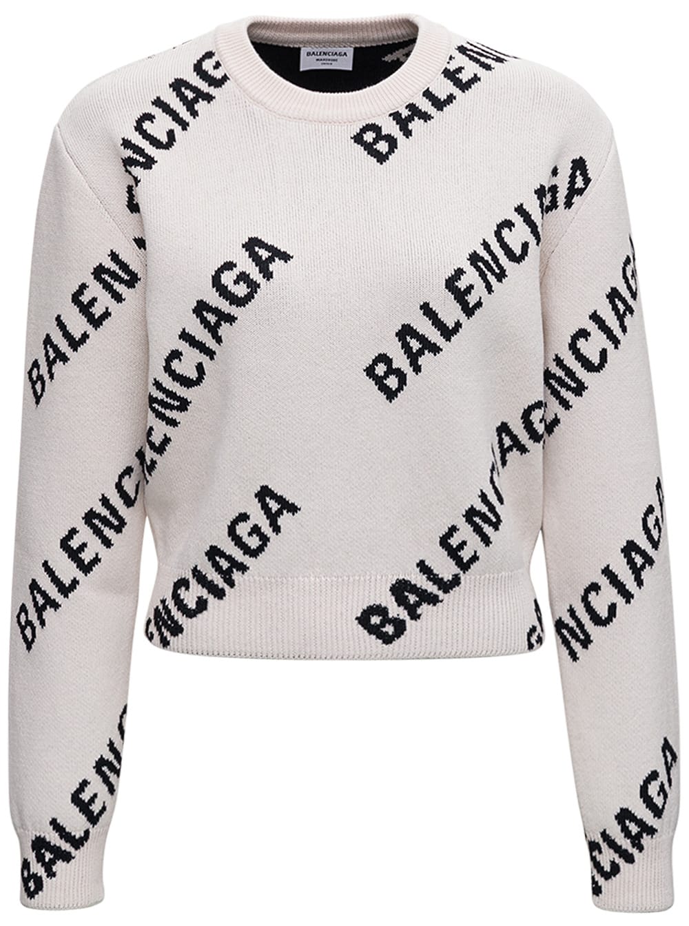 Balenciaga Cotton Crop Sweater With Allover Logo Print