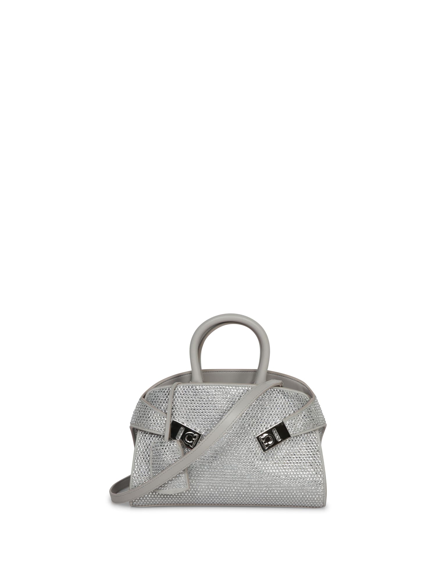 Shop Ferragamo Light Grey Hug Mini Rhinestone Bag