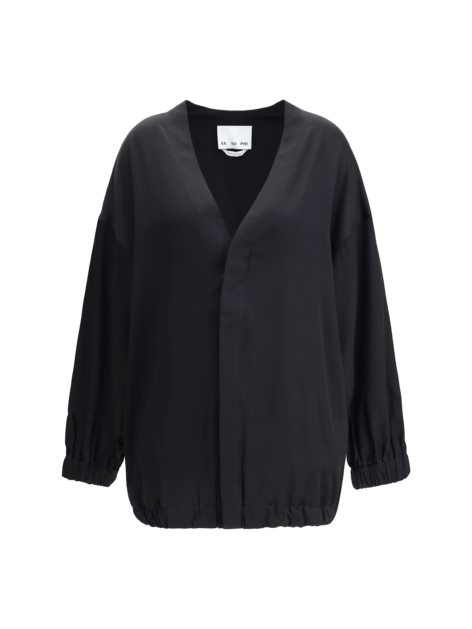 Sa Su Phi V-neck Balloon-sleeve Bomber Jacket In Black