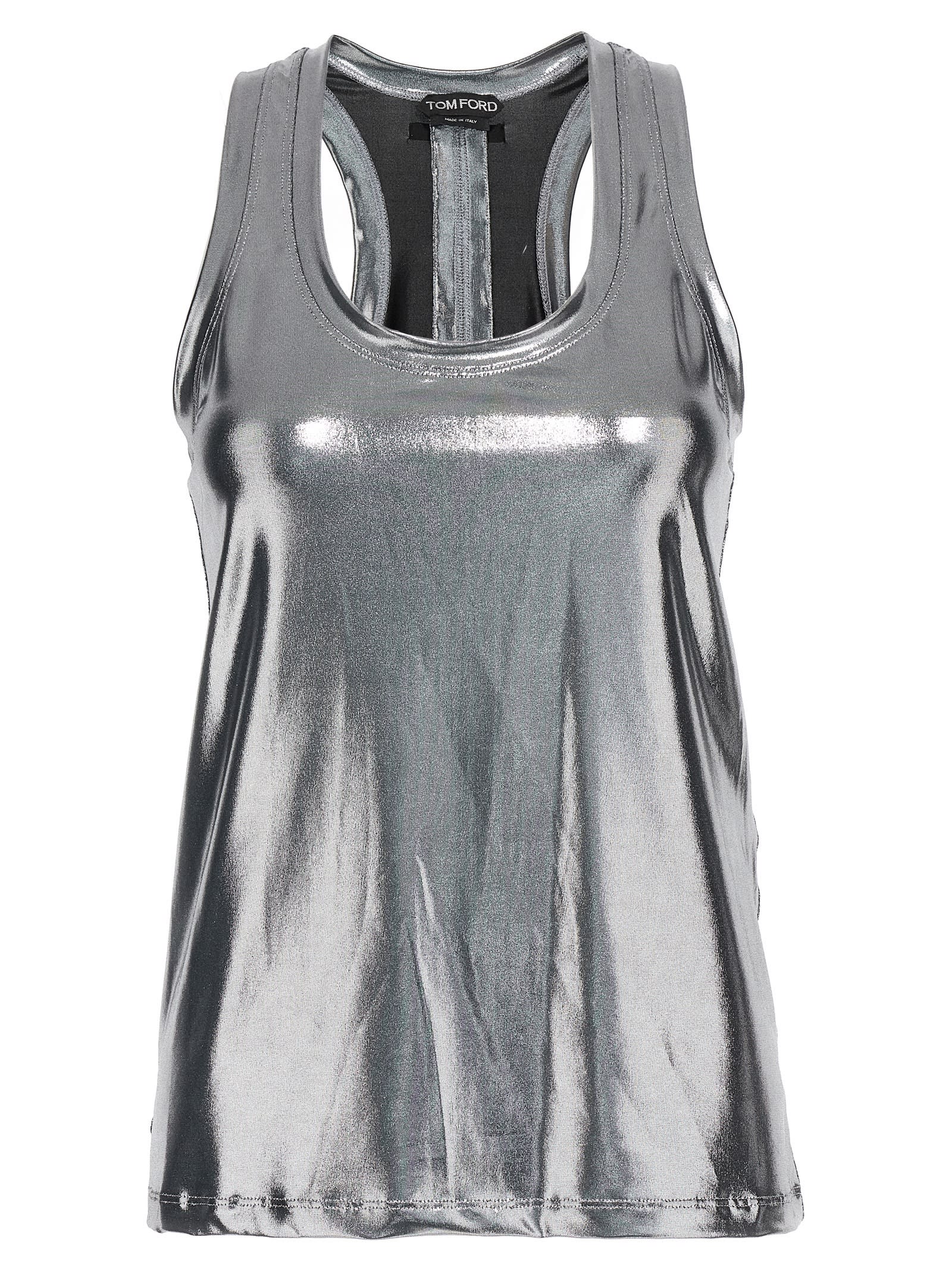 Tom Ford Laminated Fluid Jersey Racerback Tank Top In Silver