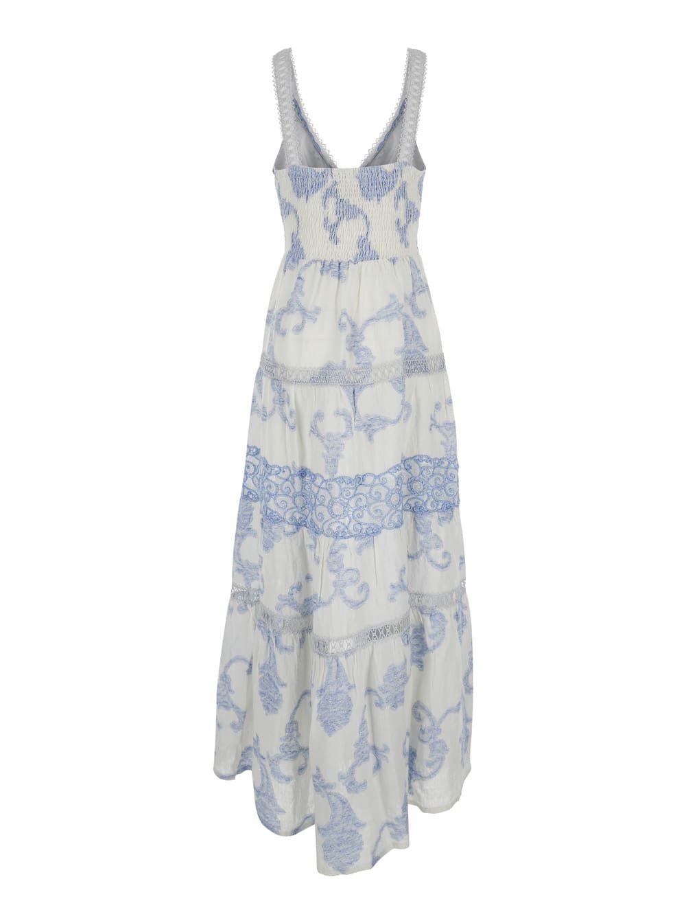 Shop Temptation Positano White Long Dress With Light Blue Floral Print In Linen Woman