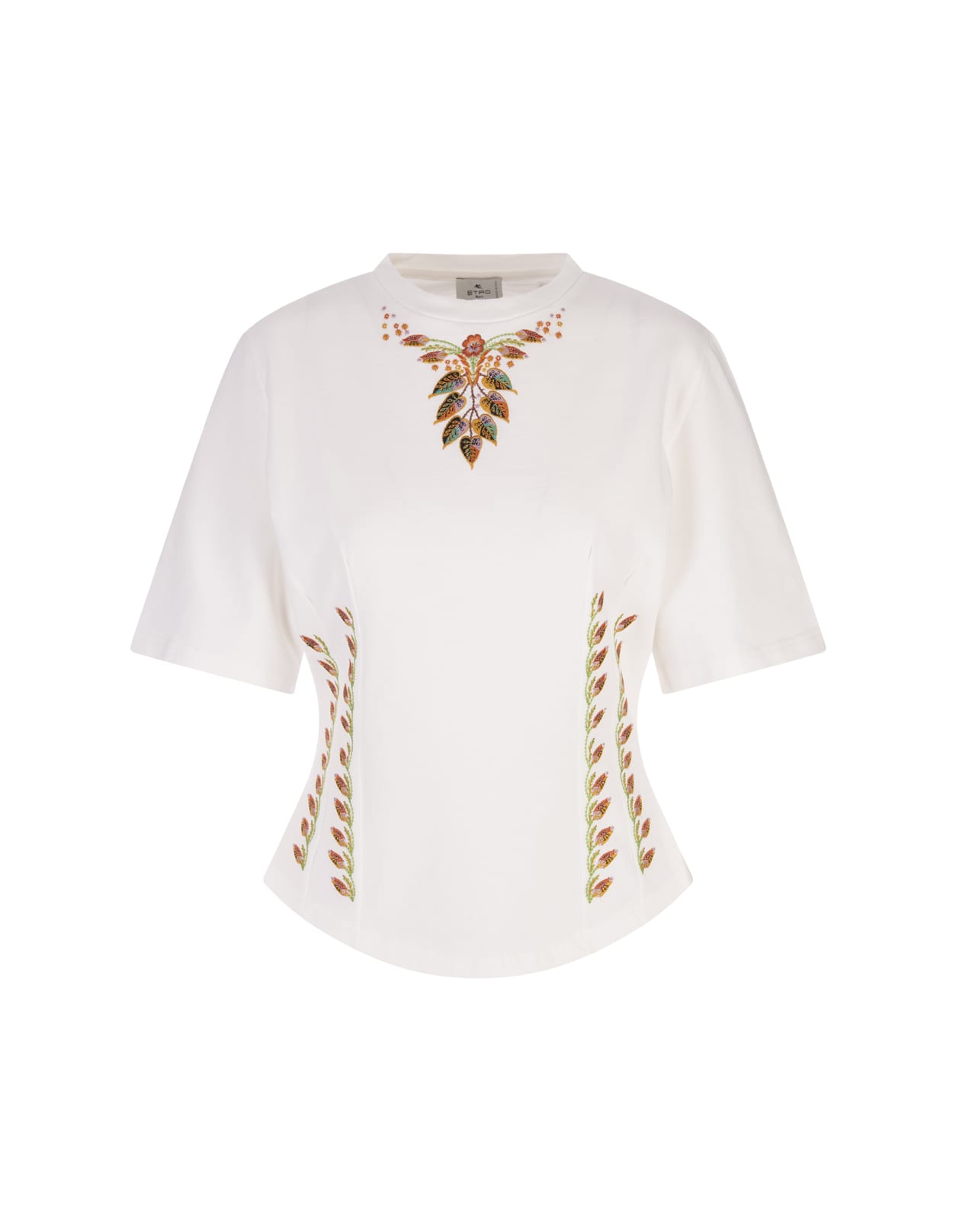 ETRO WHITE FITTED T-SHIRT WITH FLORAL EMBROIDERY