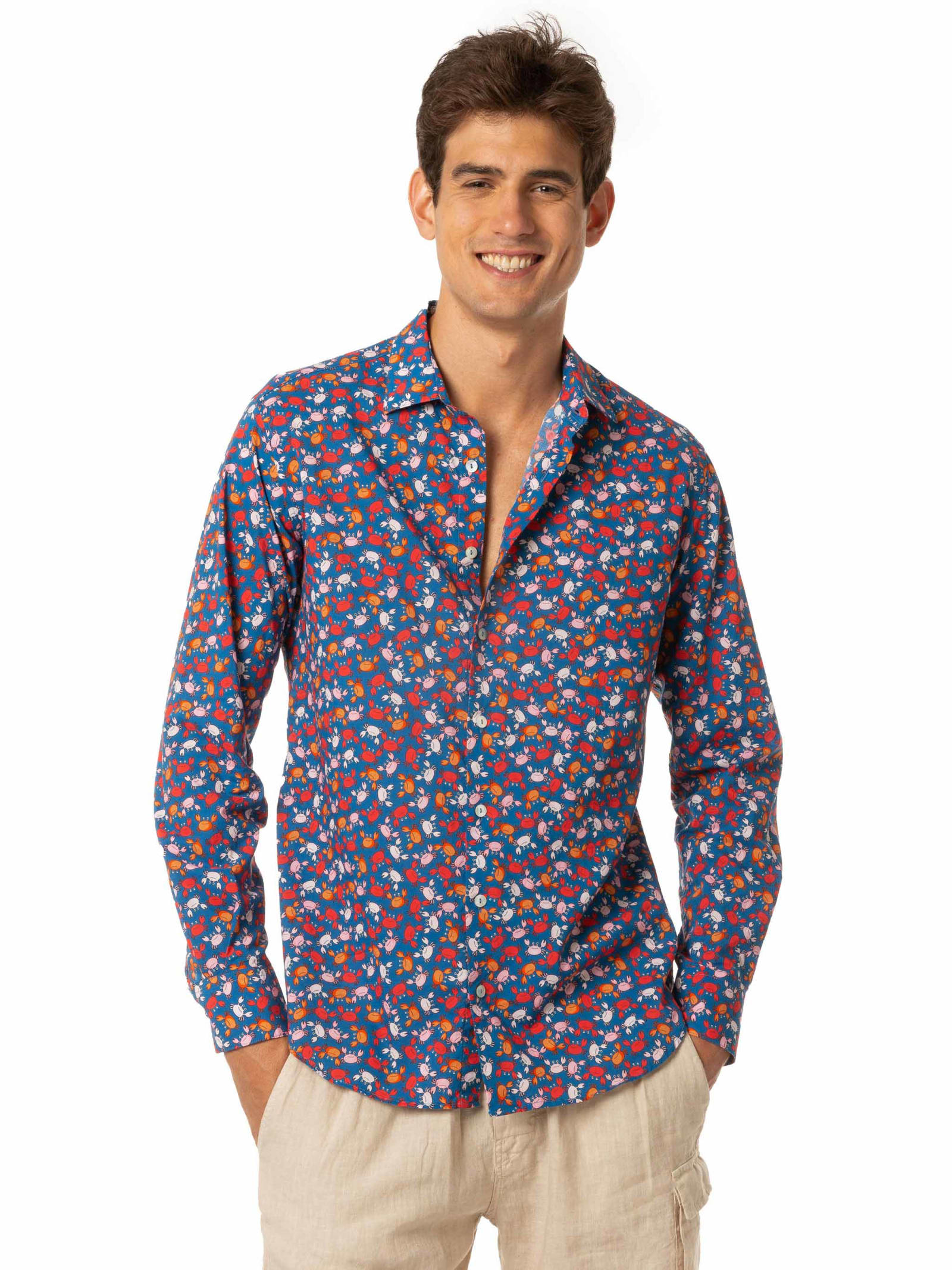 Mc2 Saint Barth Man Cotton Shirt With Crab Print In Blue