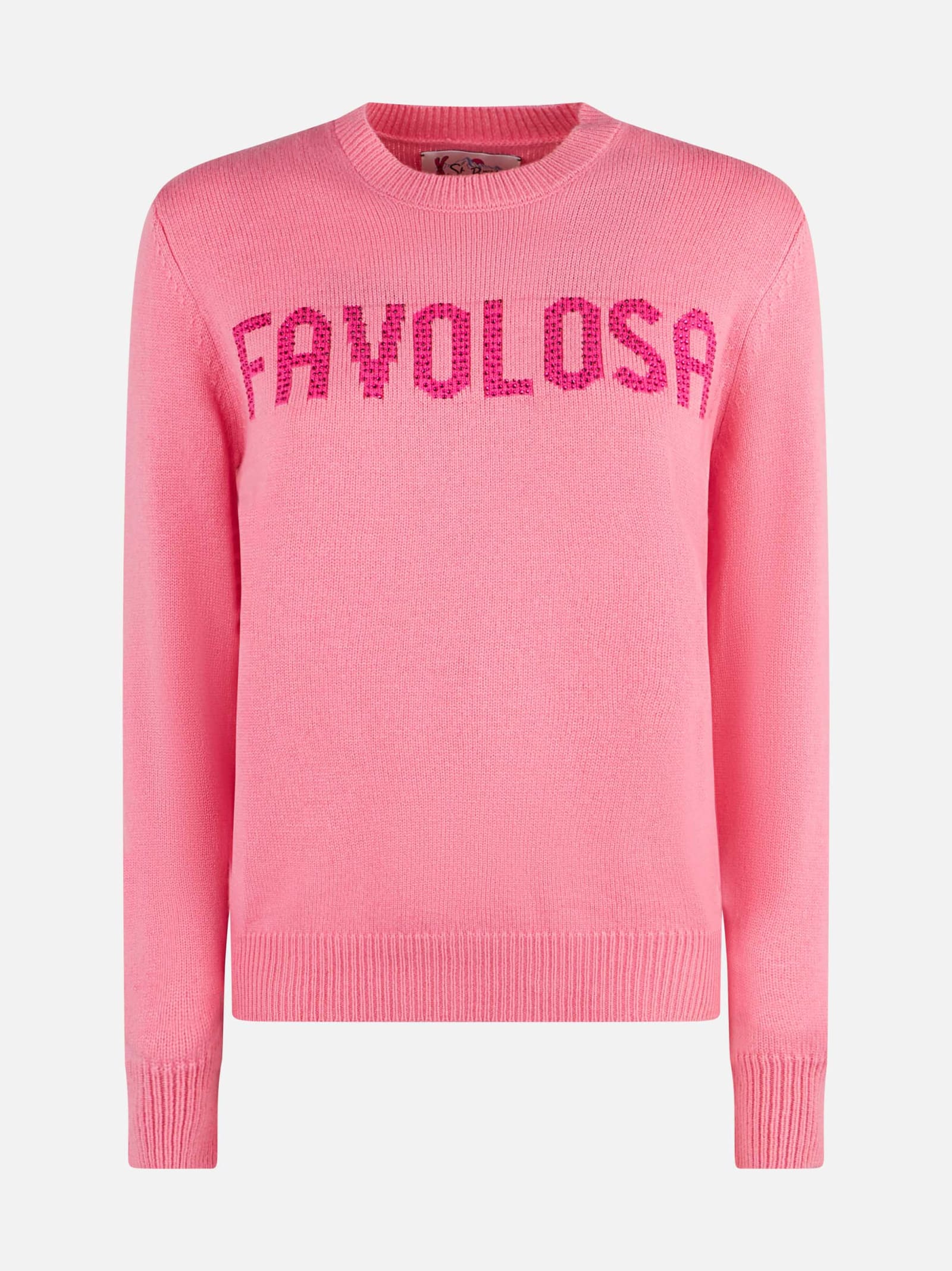 Shop Mc2 Saint Barth Woman Crewneck Pink Sweater With Favolosa Rhinestone Print