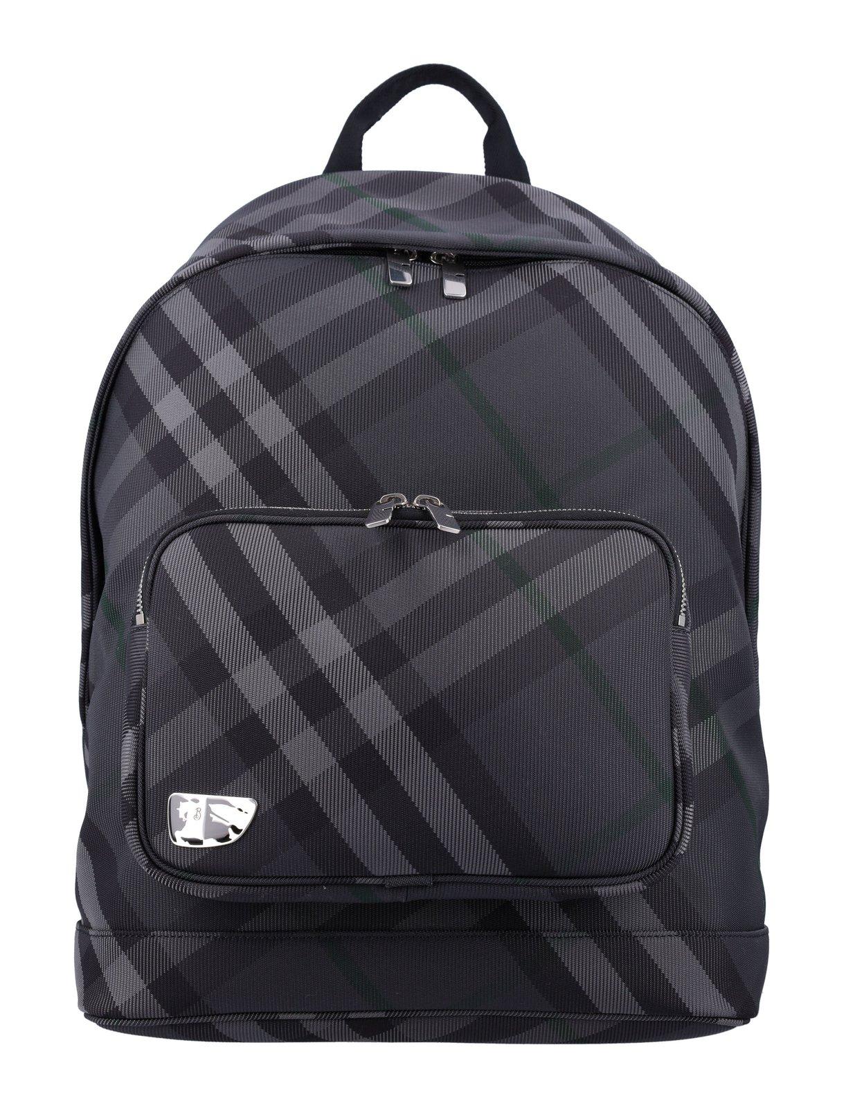 Shop Burberry Grid Check Printed Zipped Backpack In Grey