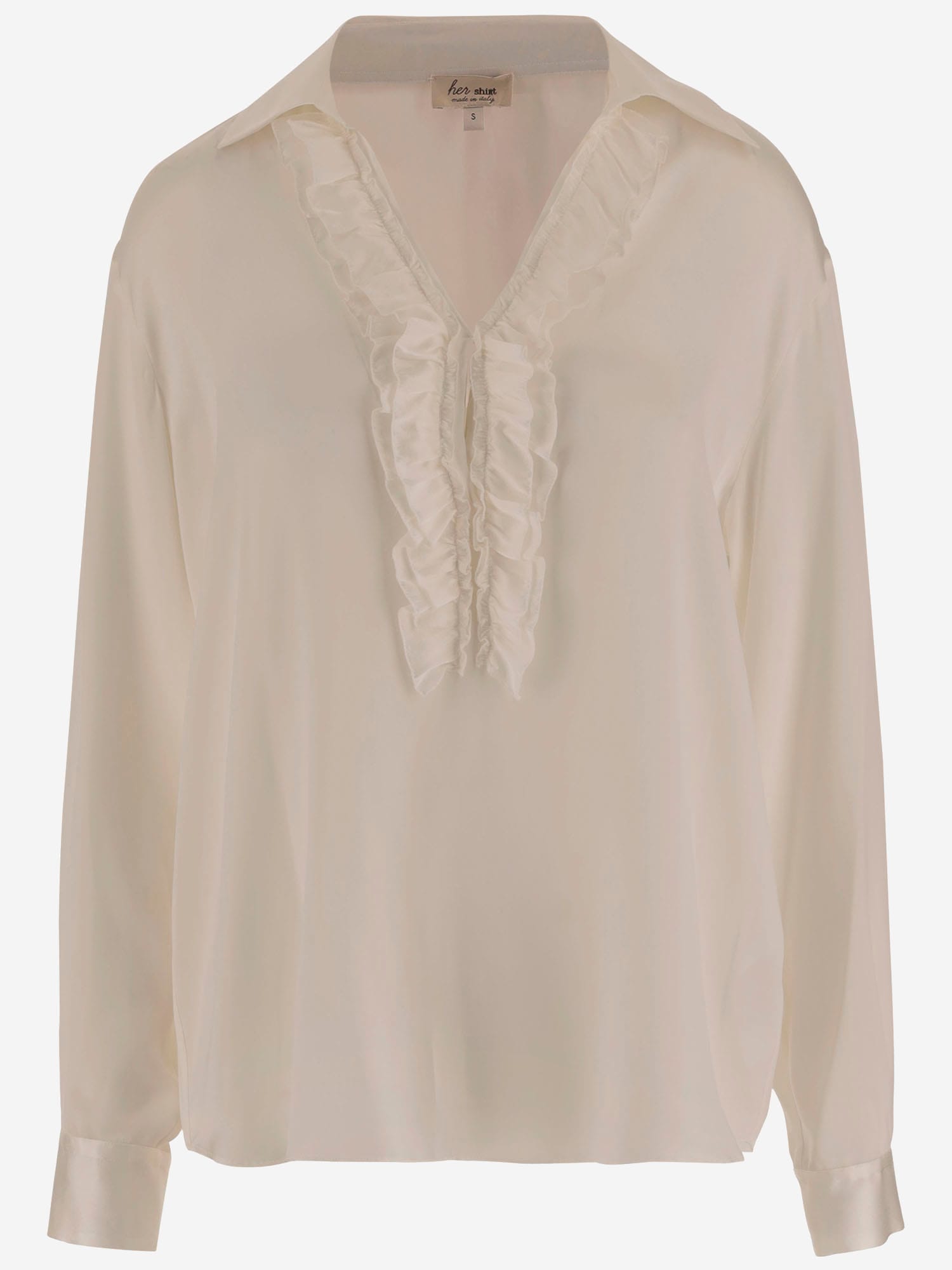 Her Shirt Stretch Silk Shirt With Ruffles In Neutral