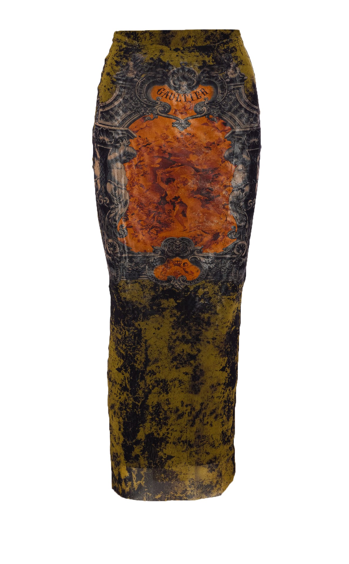 Jean Paul Gaultier Medaillon Print Mesh Long Skirt In Green
