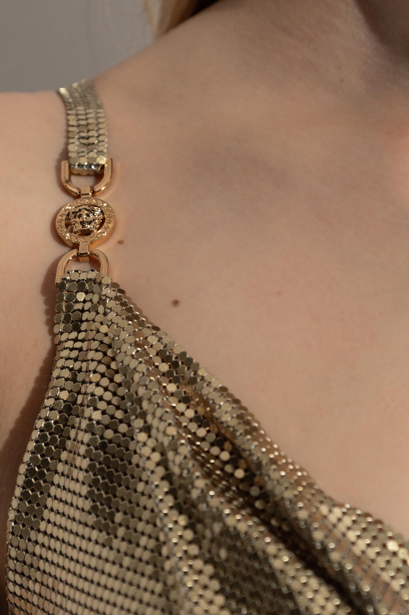 Versace Short Cocktail Dress With Chain Strap Detail In Gold