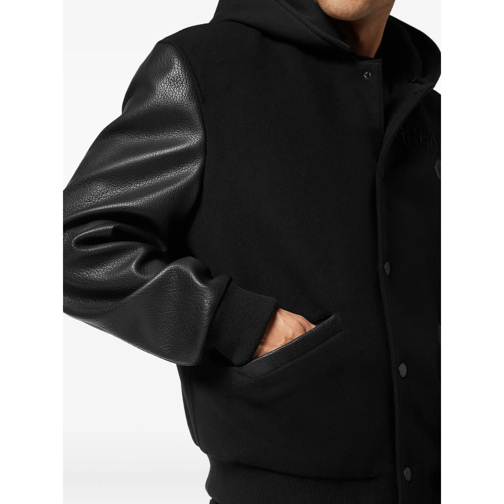 Philipp Plein Logo Bomber Jacket With Hood And Leather Sleeves In Black